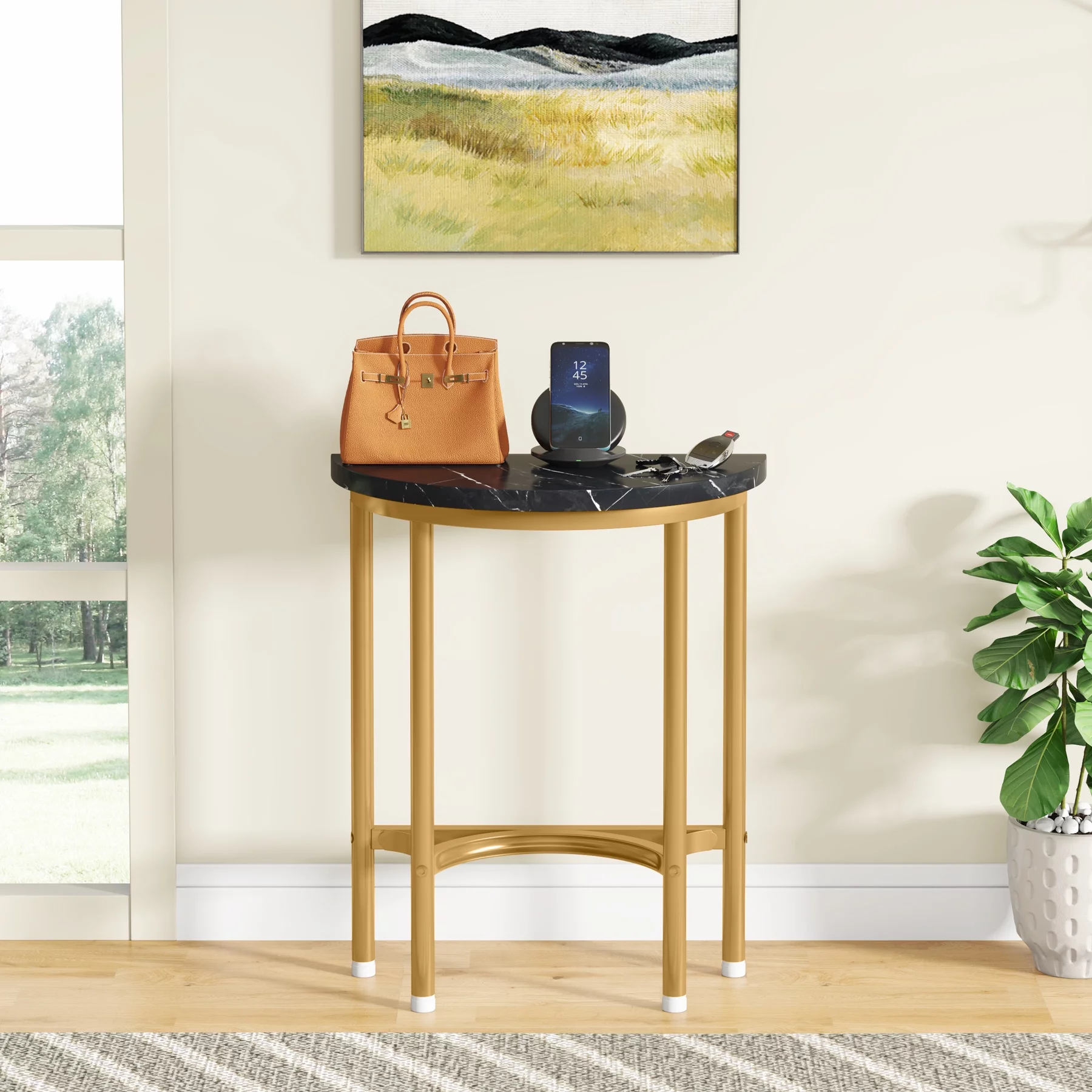 Tribesigns Semi Circle End Table, 20 in. Black Faux Marble Half Round Side Tables with C-Shaped Base Metal Legs for Home Office