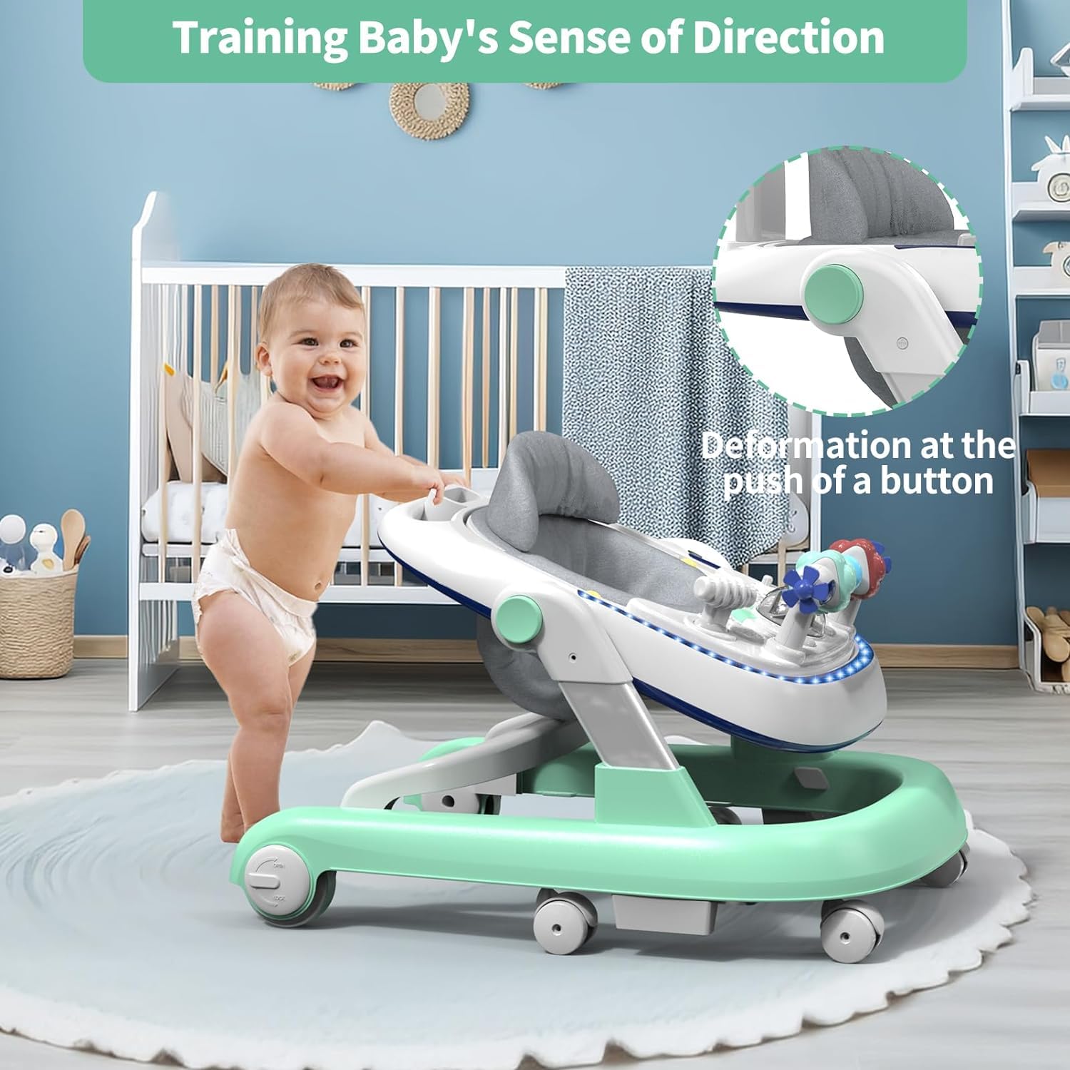 Foldable Baby Walker, Toddler Walker Bouncer, Learning-Seated, Music, Adjustable Height, High Back Padded Seat, Baby Walkers and Activity Center, Baby Walkers for Baby Boys and Baby Girls (Green)