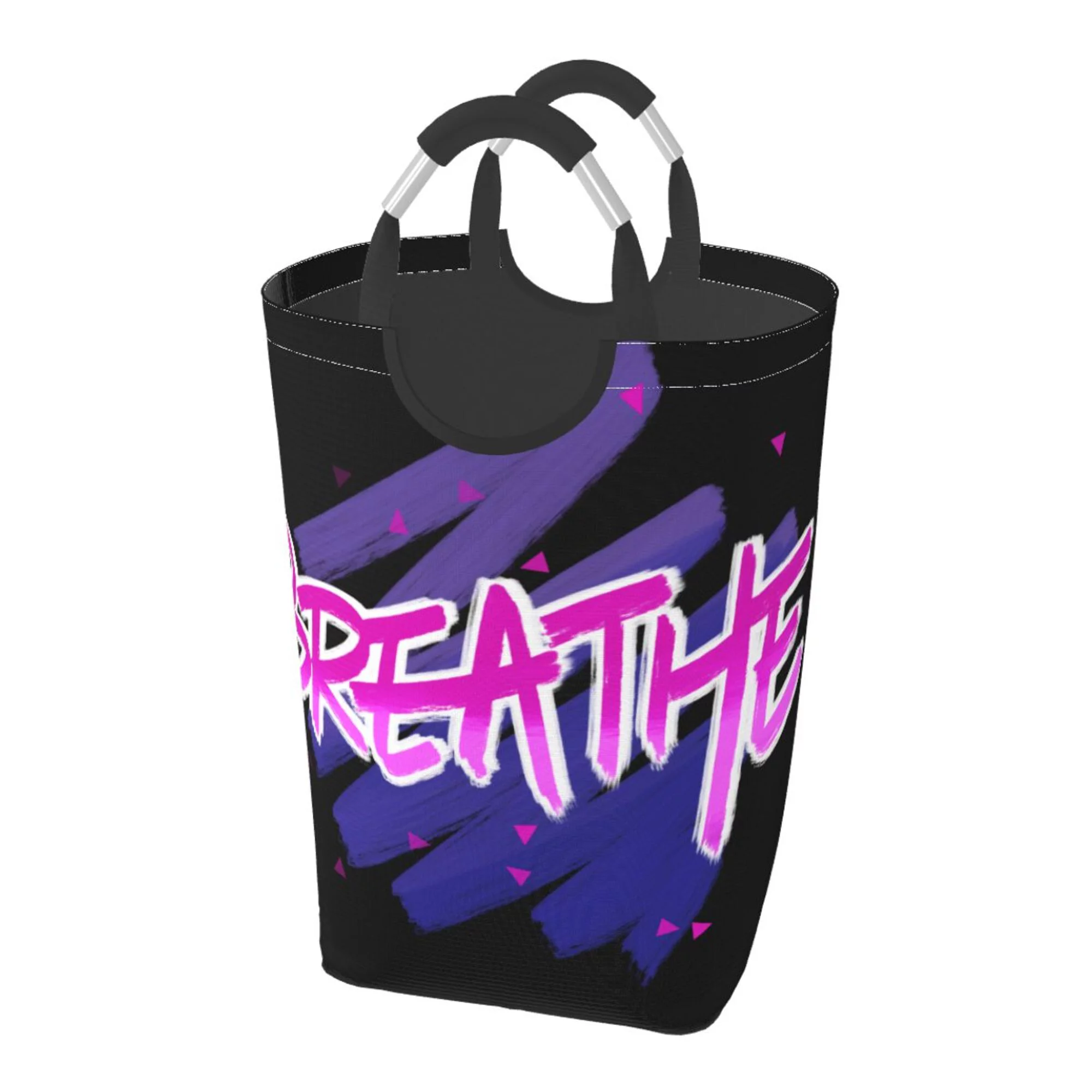 TEQUAN 50L Large Rectangular Laundry Hamper with Aluminum Handles, Pink Letters Breathe Prints Waterproof Foldable Dirty Clothes Basket