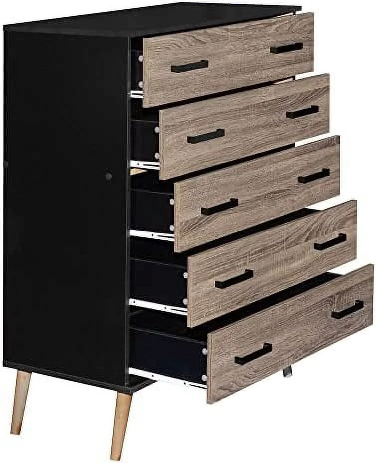 HBBOOMLIFE Eli Mid-Century Modern 5 Drawer Chest Dark Gray & Honey Oak
