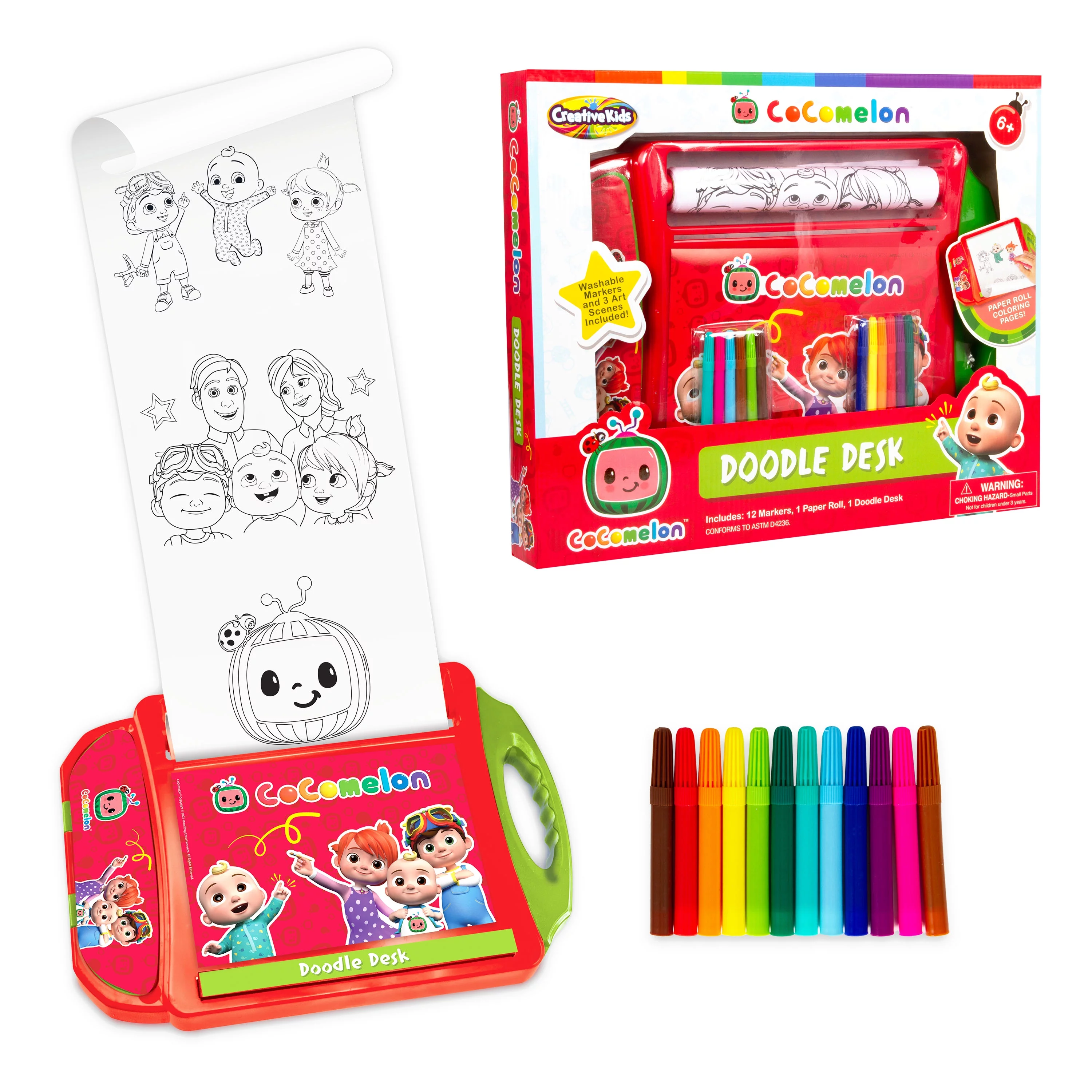 Cocomelon Doodle Desk- Kids Art Set with Markers & Coloring Pages- Built-in Case for Creativity on the Go- Includes 12 Washable Markers, 3 Art Scenes- Coloring Arts & Crafts for Boys Girls Age 3+