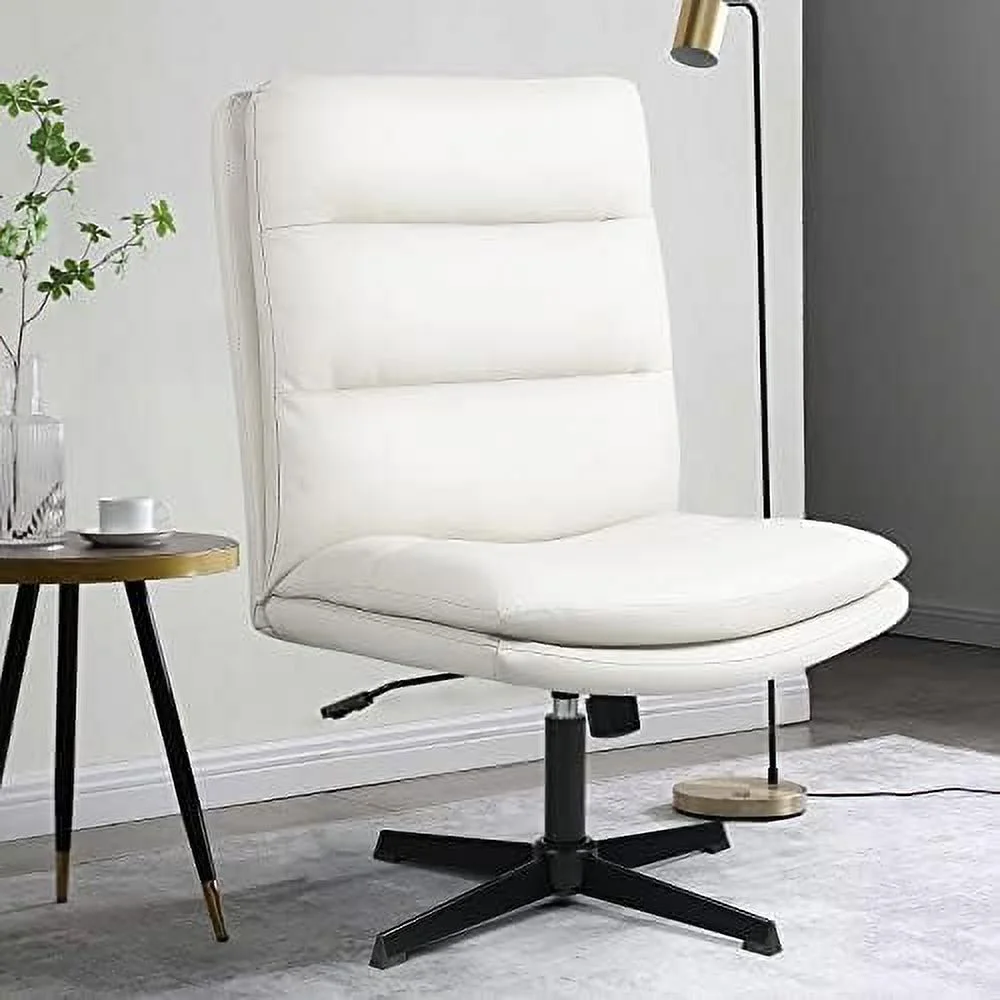 SJOINMB PU-Padded Armless Office Desk Chair No Wheels High-Back Wide Seat Home Chair 120° Rocking Cross Legged Computer Task Chairs Modern Adjustable Swivel Vanity Chairs (White)