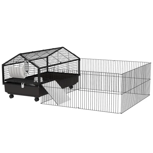 PawHut Small Animal Cage with Foldable Run Area, Rolling Bunny Cage, Guinea Pig Cage, Hedgehog Cage with Water Bottle, Water Bowl, and Ramps, 46.5