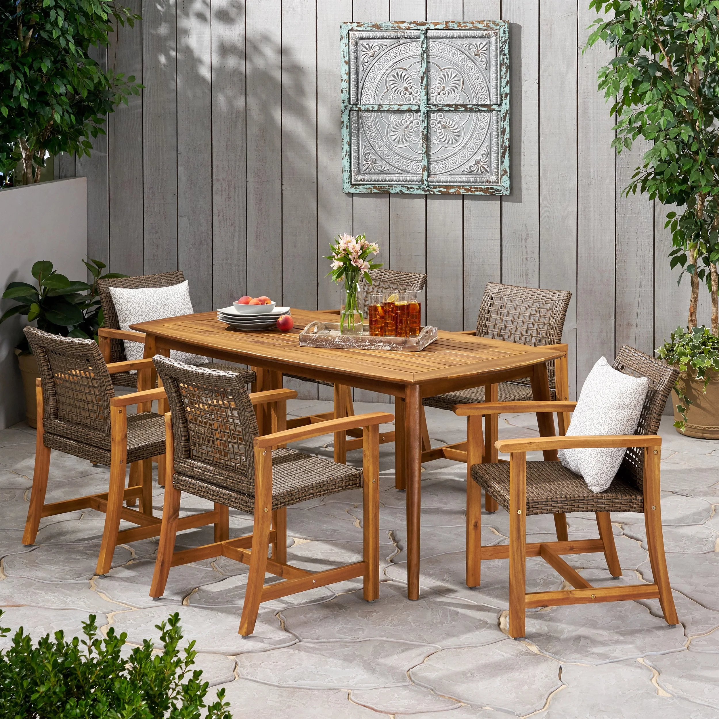 GDF Studio Alhaven Outdoor Acacia Wood and Wicker 7 Piece Dining Set, Teak and Mixed Mocha