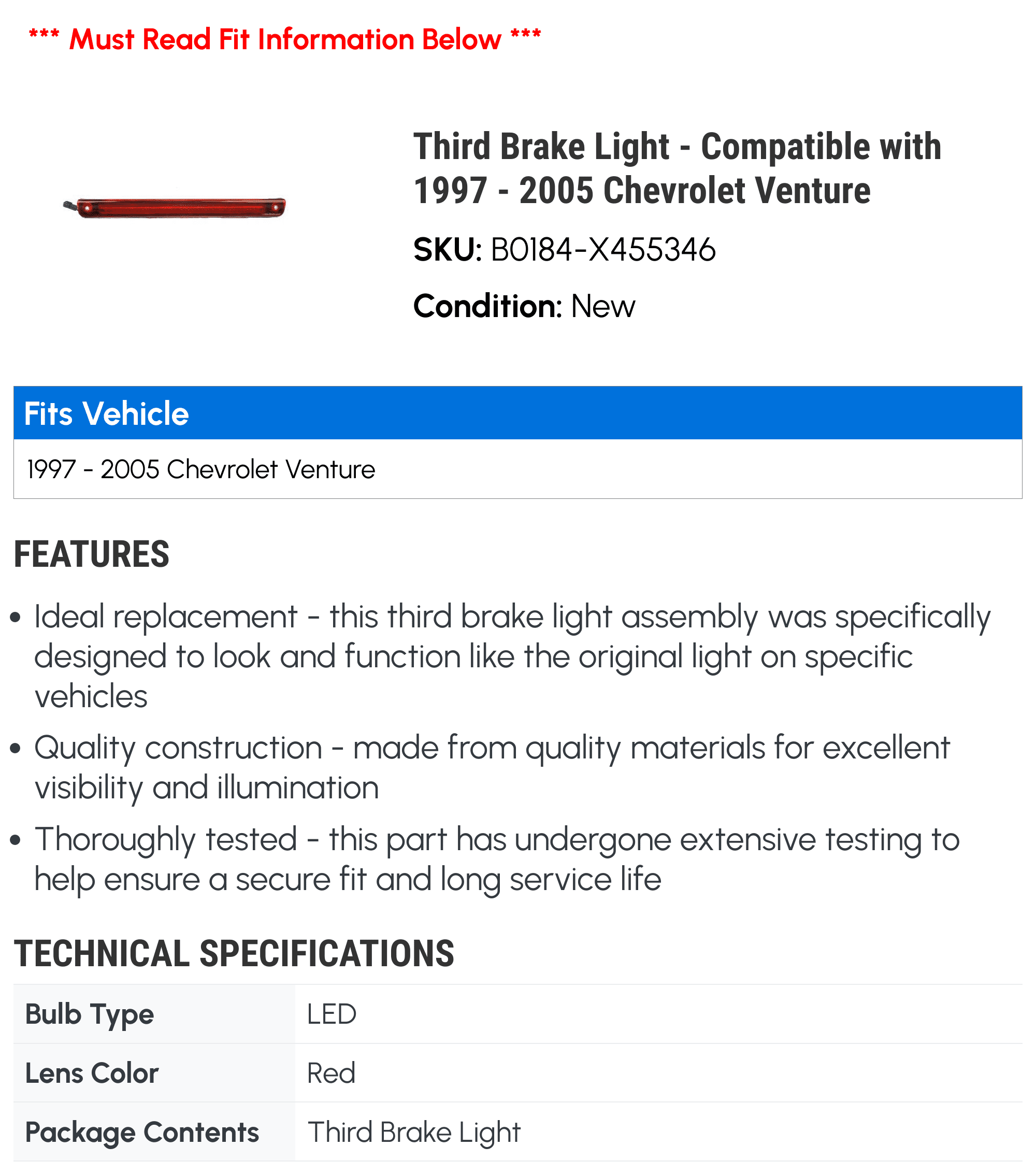 Third Brake Light - Compatible with 1997 - 2005 Chevy Venture 1998 1999 2000 2001 2002 2003 2004