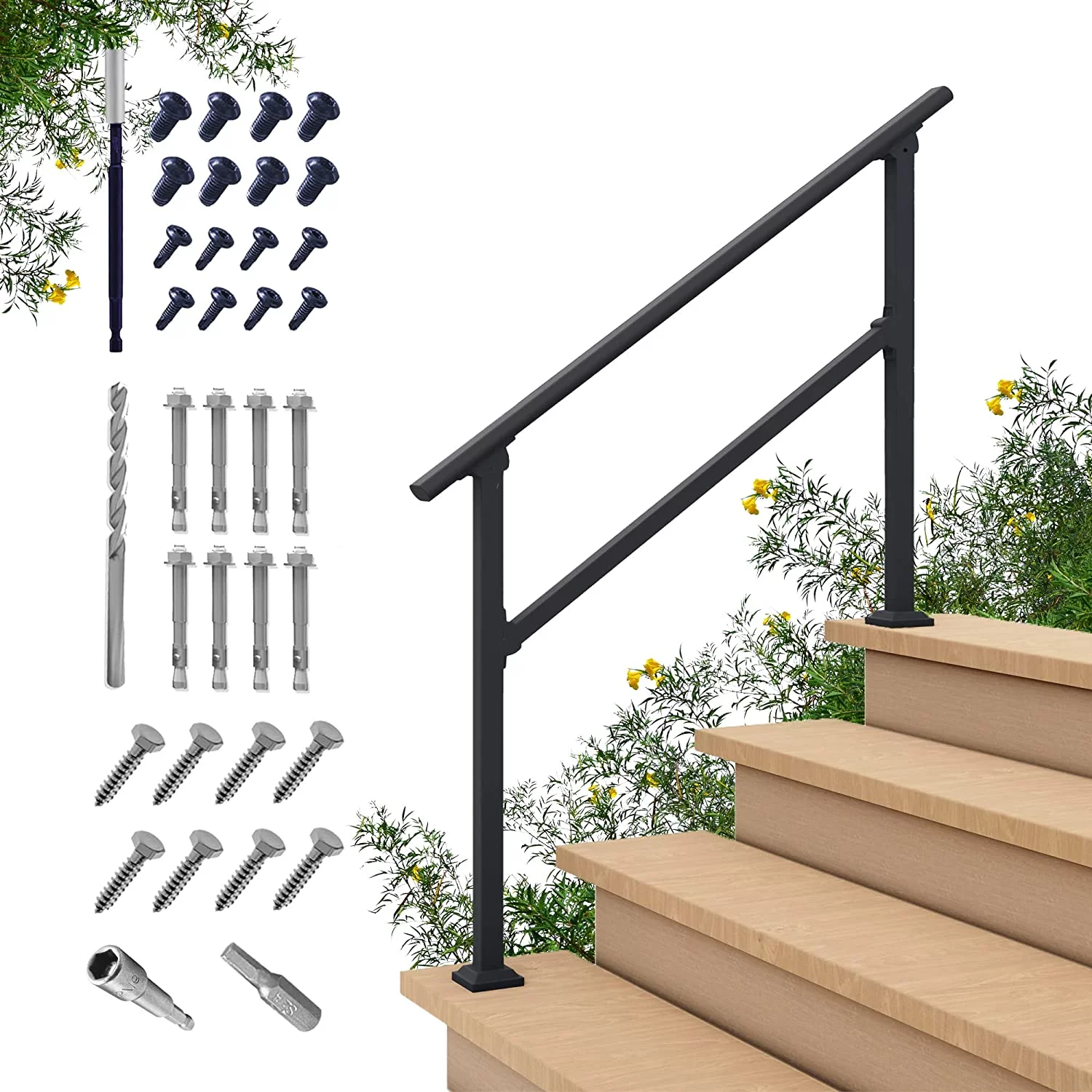 CHR 4 Steps Outdoor Handrails for Outdoor Steps, Black Wrought Iron Hand Rail Stair Railing Kit (3-4 Steps Handrail)