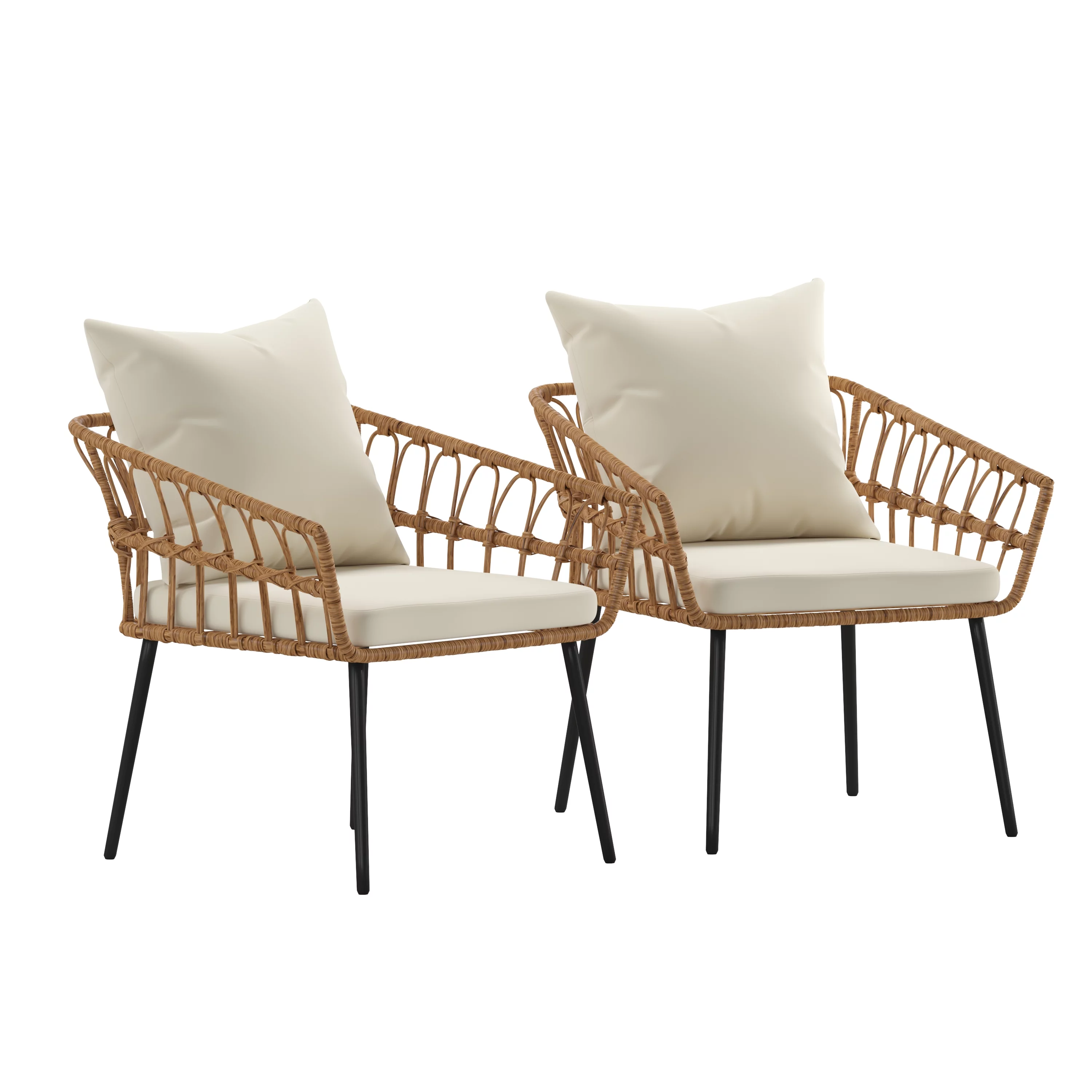 BizChair Evin Set of 2 Boho Indoor/Outdoor Rope Rattan Wicker Patio Chairs with Cream All-Weather Cushions, Natural