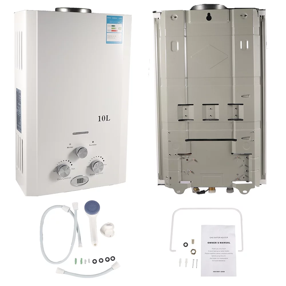 KingFurt 10L Natural Gas Water Heater White Coating Front Panel & Gray Bottom 20KW Rated Power With Temperature Display