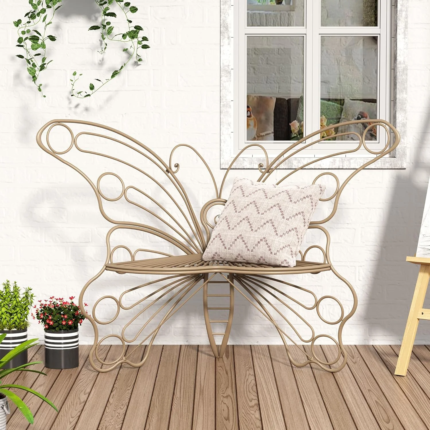 50 Inches Outdoor Bench, Cast Iron Metal Frame Patio Outdoor Garden Bench with Butterfly Inspired Pattern, Front Porch Bench for Outdoors, Deck, Lawn, Balcony, Backyard