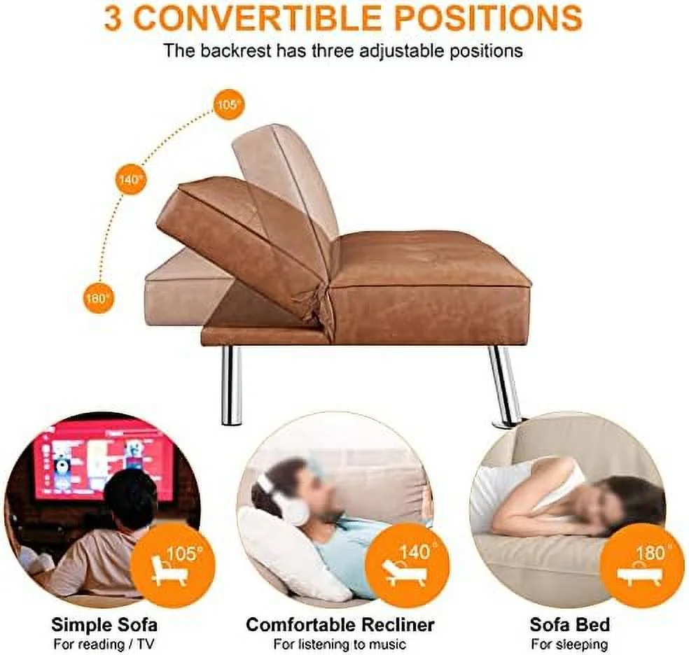 RSJIWOGZ Convertible Sofa Couch Futon Bed Faux Leather Sofa Bed Sleeper Adjustable Loveseat Futon Couch Living Room  with Chrome Metal Legs  Brown