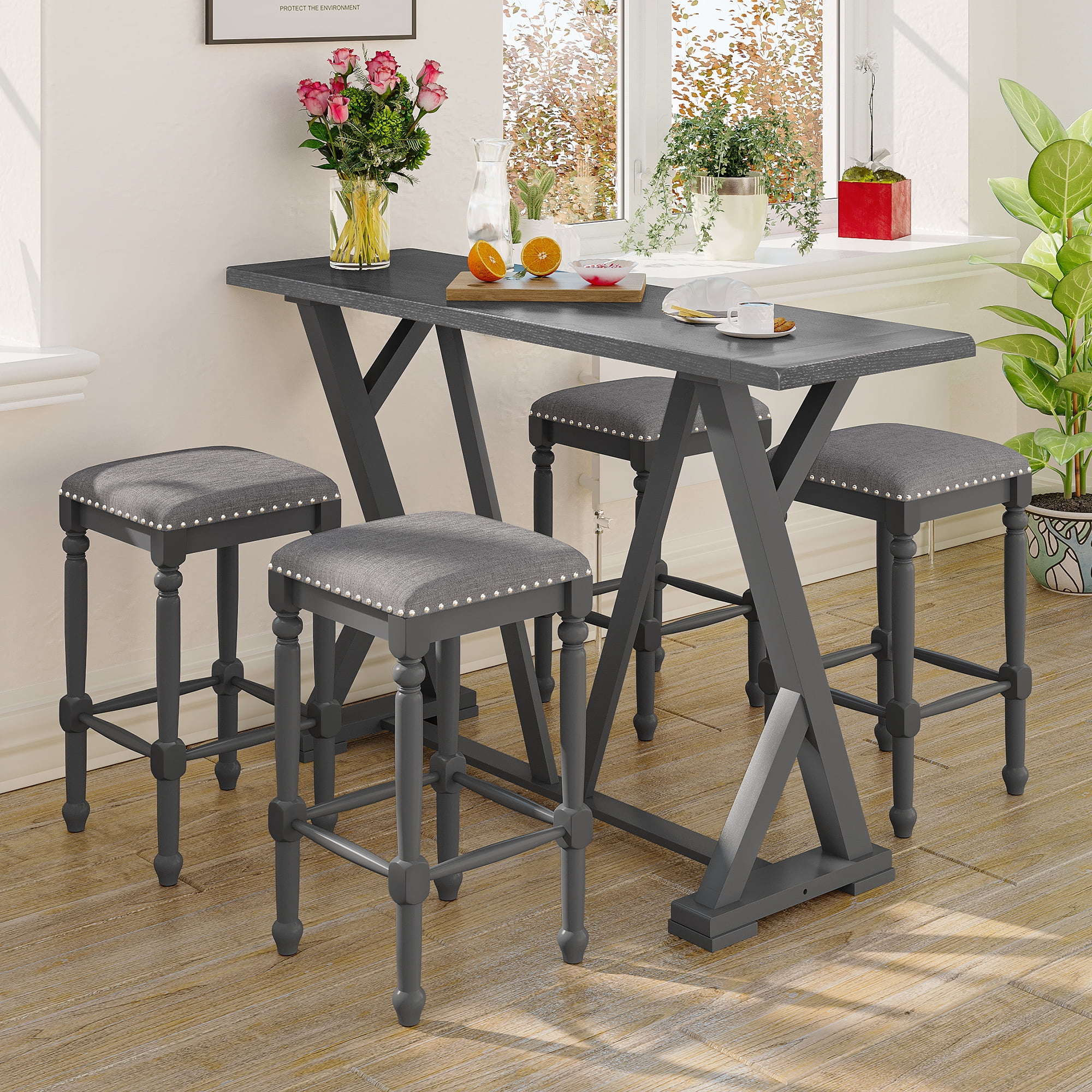 Churanty 5 Pieces Counter Height Dining Table Set for 4,Rectangle Table and 4 Upholstered Padded Stools for Small Space,Gray