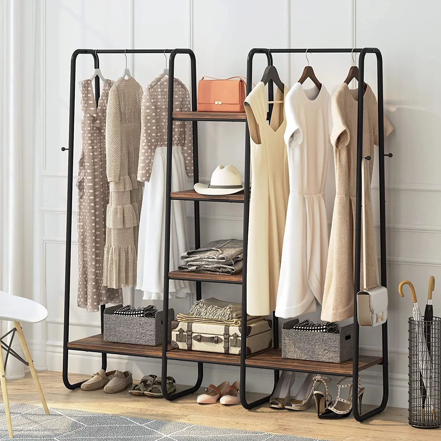 Freestanding Garment Rack with Double Rods and Storage Shelves Rustic Brown