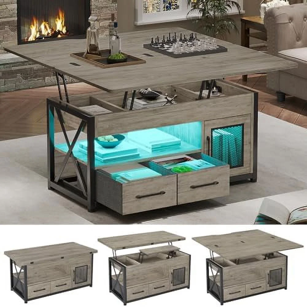 HYHBIBOOM 40" Lift Top Coffee Table  4 in 1  with  Cabinet for Living Room  Small Farmhouse Coffee Table with 2 Fabric Drawers & LED Light for Dining Room  Grey