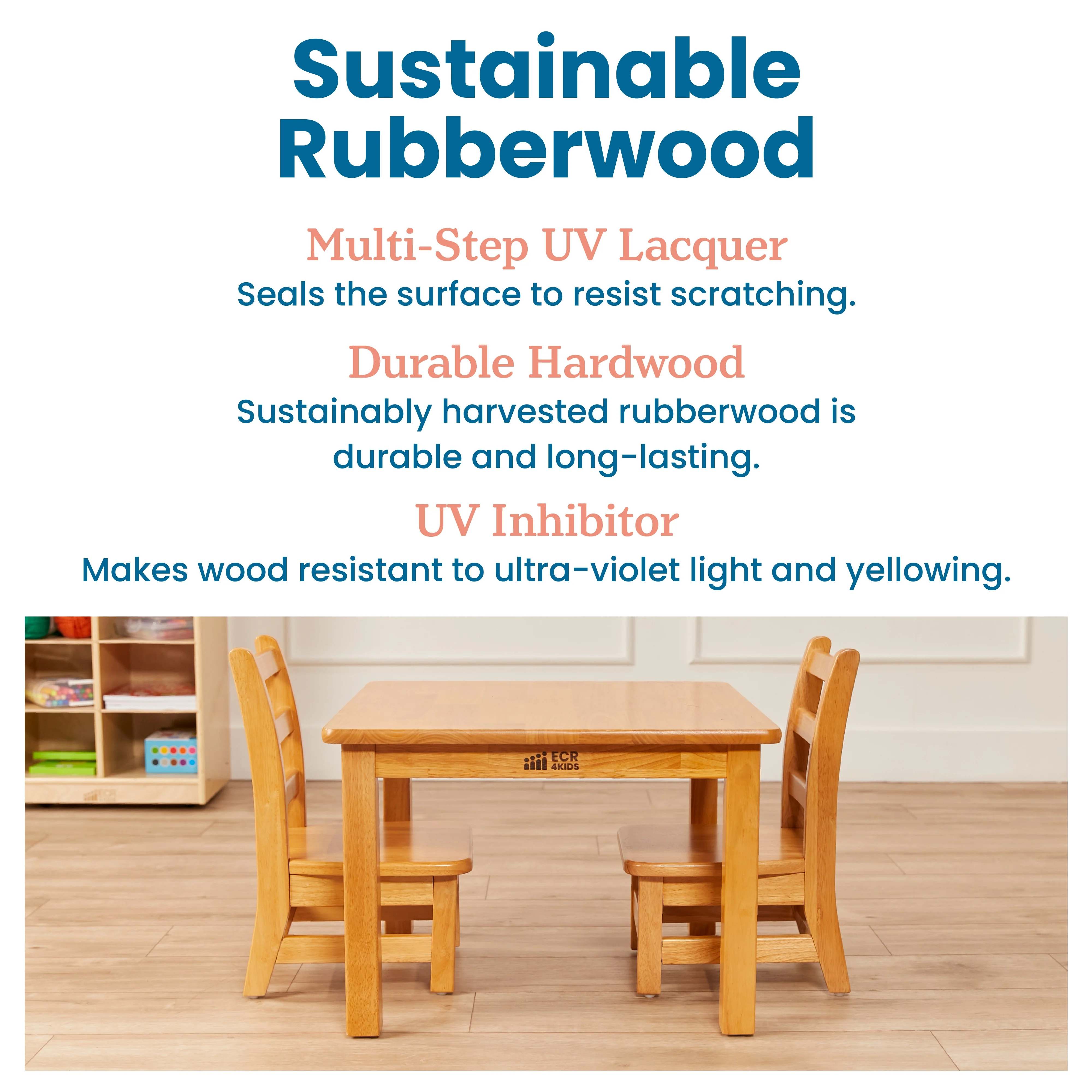 ECR4Kids 30in x 30in Square Hardwood Table with 16in Legs and Two 8in Chairs, Honey