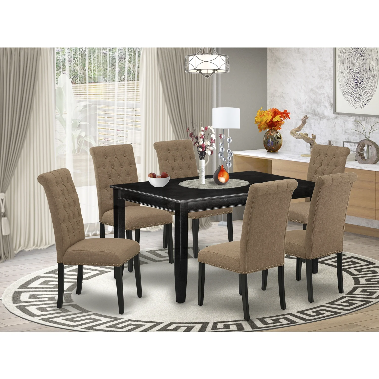 HomeStock Naturally Nice 7Pc Dinette Set Includes A Rectangular Kitchen Table And Six Parson Chairs With Light Sable Fabric, Black Finish