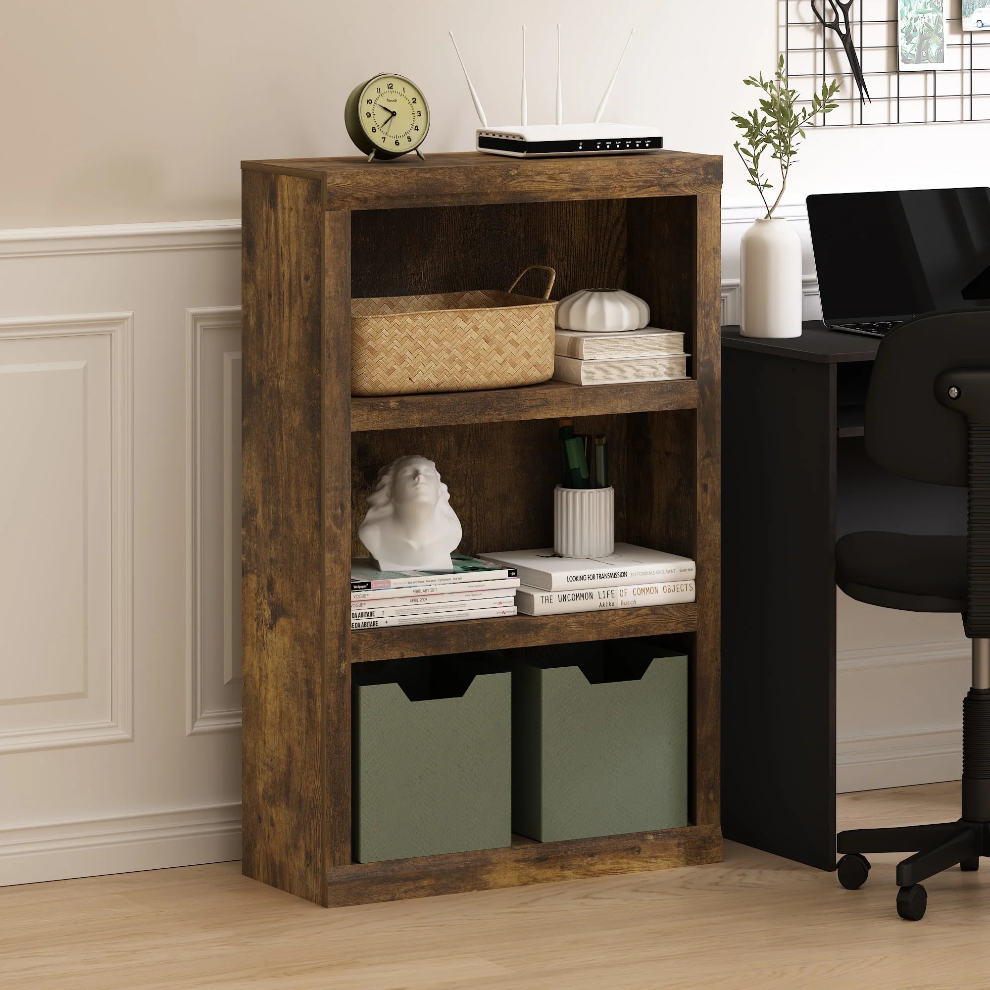 Furinno Rail 3-Tier Open Shelf Bookcase, Amber Pine