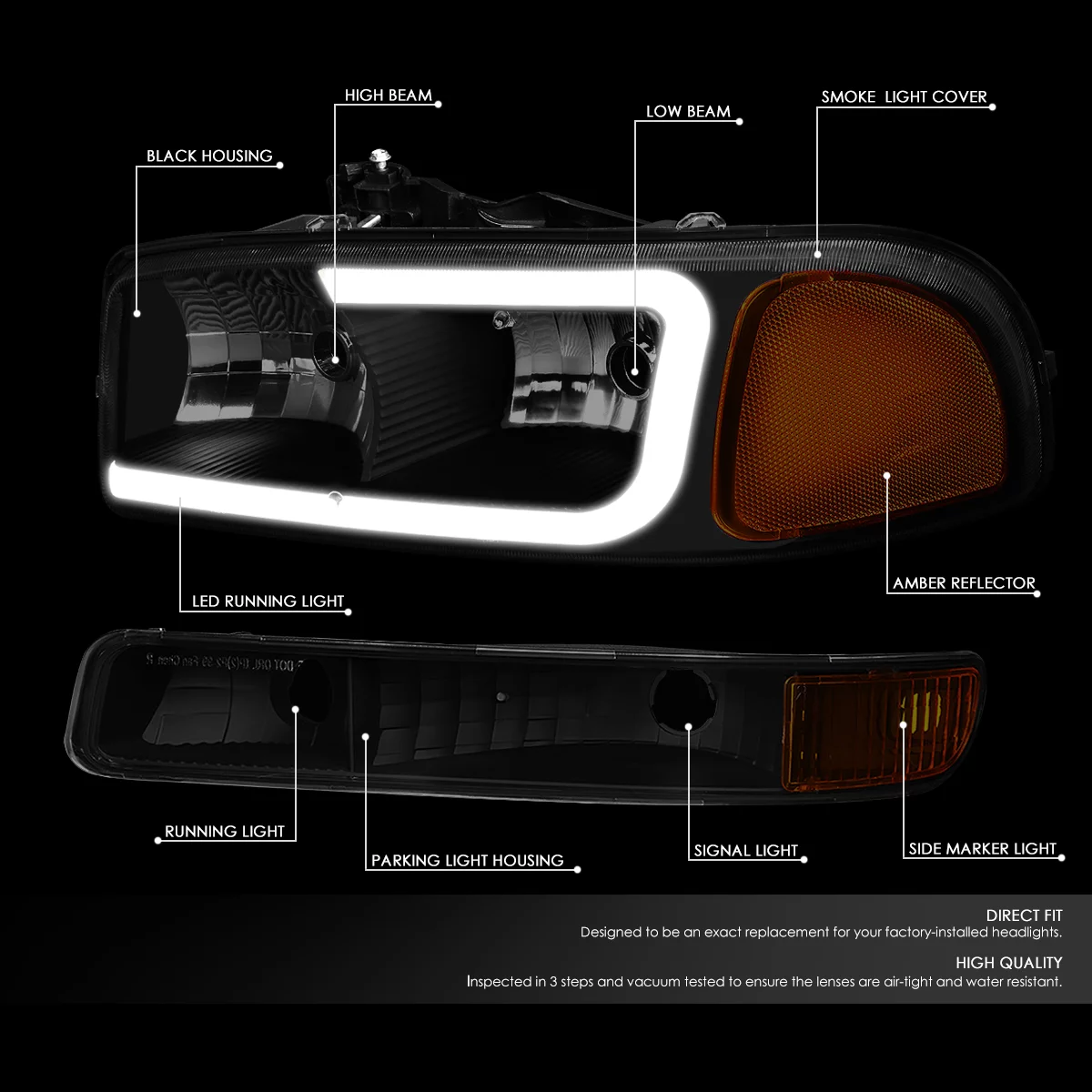 DNA Motoring HL-LB2-SIERRA99-BK-SM-AM For 1999 to 2007 GMC Sierra 1500 3500HD/Yukon XL 2500 Pair LED DRL Headlight+Turn Signal Bumper Lamps Tinted Housing Amber Corner 00 01 02 03 04 05 06