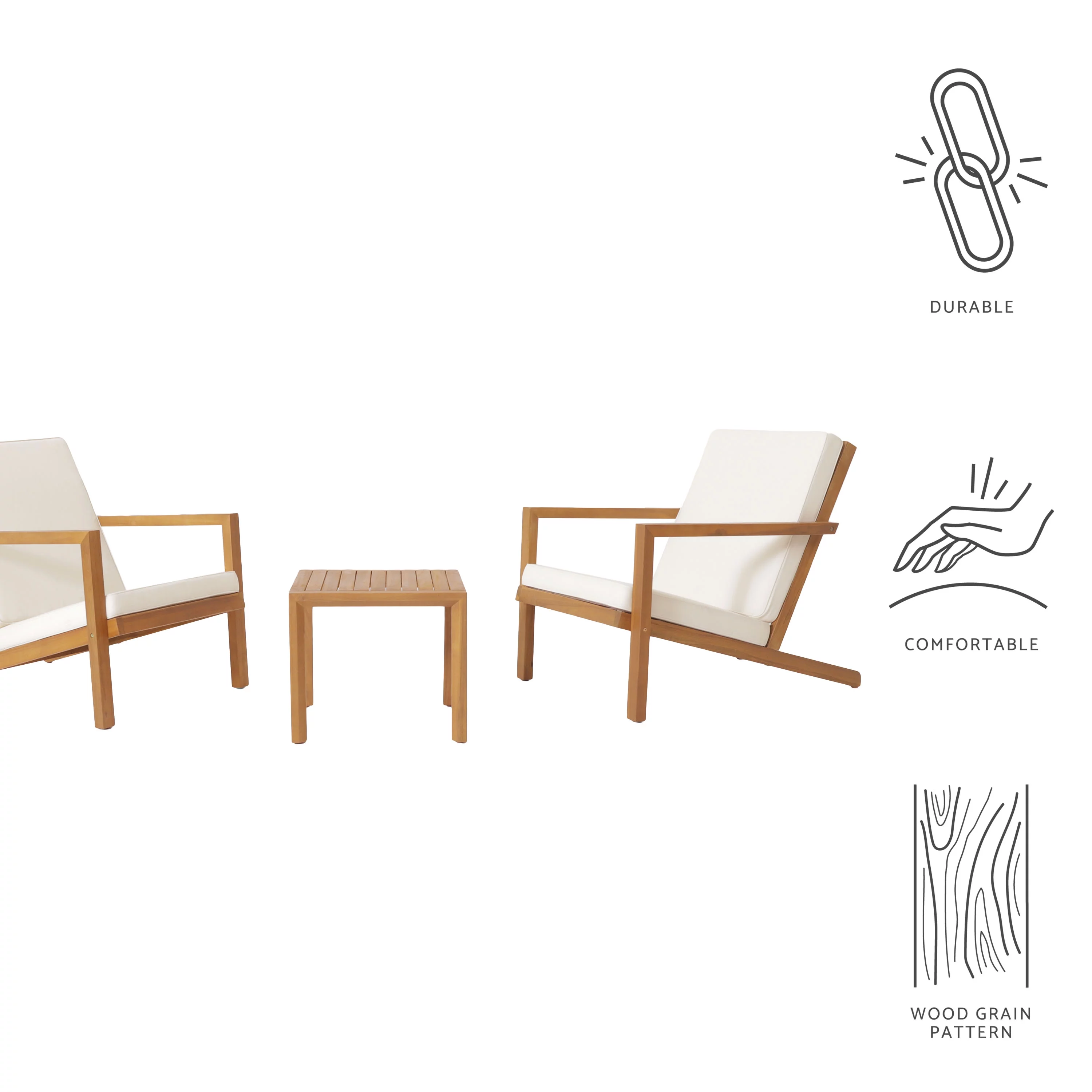 GDF Studio Ludwig Outdoor Acacia Wood 3 Piece Chat Set with Cushions, Teak and Cream