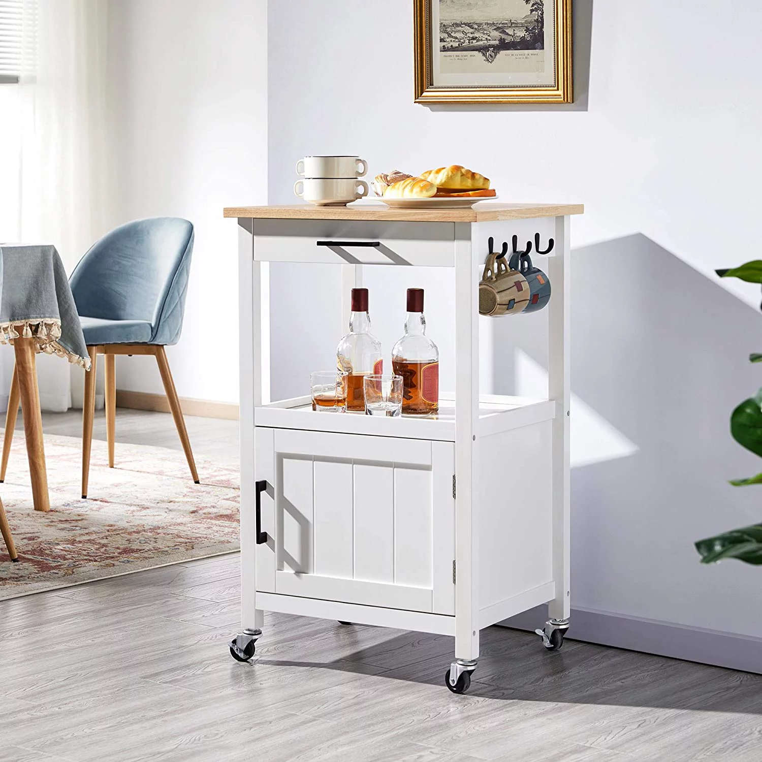 Rolling Kitchen Island with Single Door Cabinet and Storage Shelf, Kitchen Cart with Drawer on Swivel Wheels for Dining Room/Living Room, White
