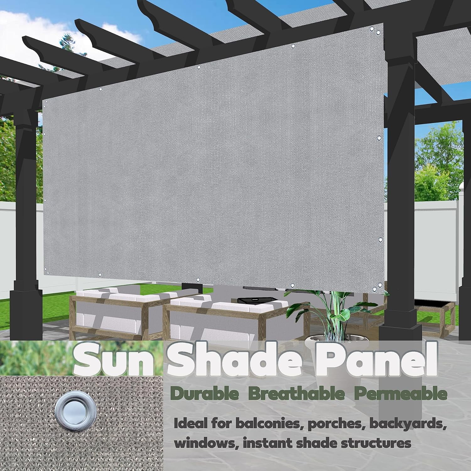 Sun Shade Panel Privacy Screen With Grommets On 4 Sides For Outdoor, Patio, Awning, Window Cover, Pergola (10' X 6', Light Grey)