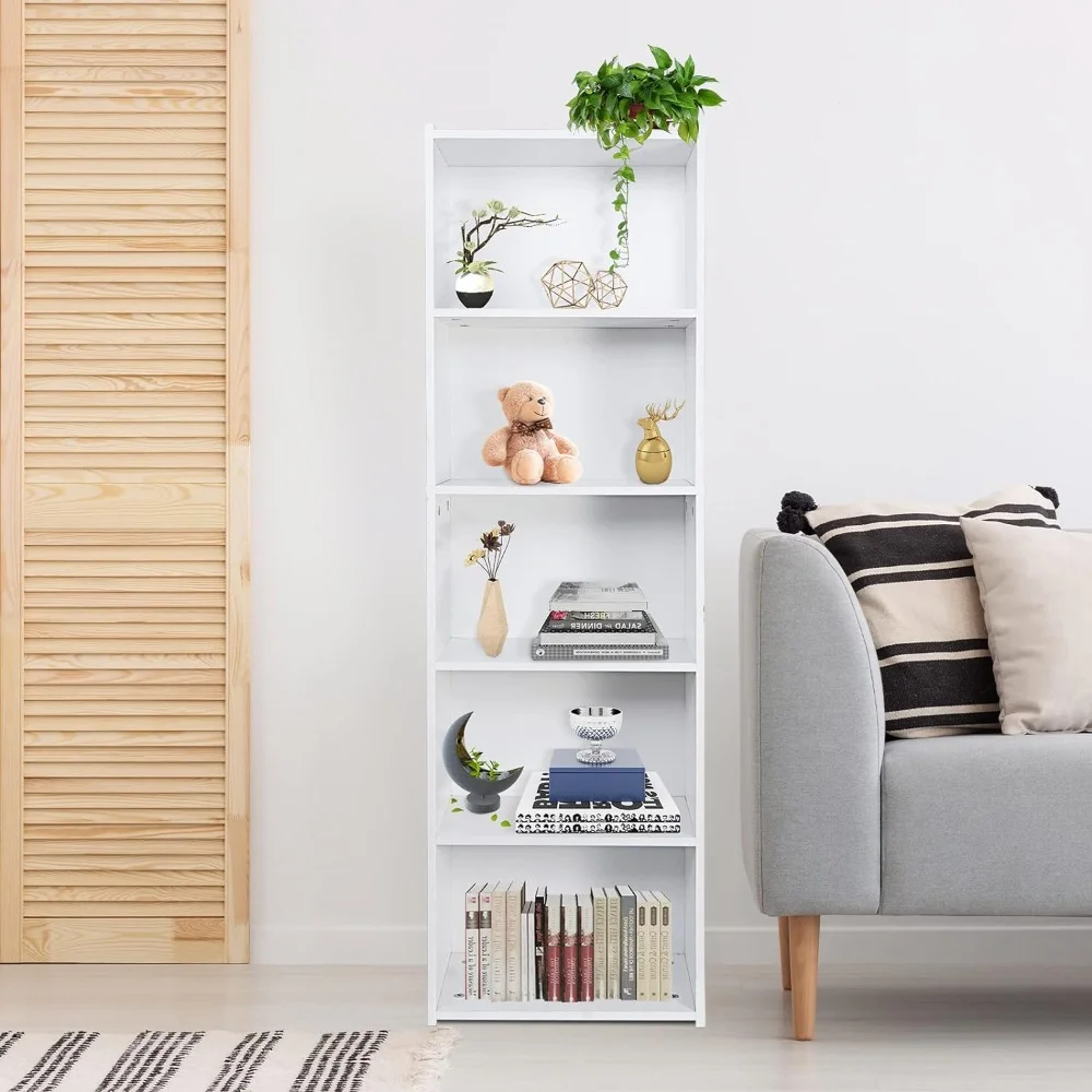 5-Tier Bookshelf Narrow Bookcase Wood Cube Storage Shelf Freestanding Open Shelf Display Storage Organizer for Small Spaces Kids Bedroom Living Room Home Office Apartment, 52 Inch White