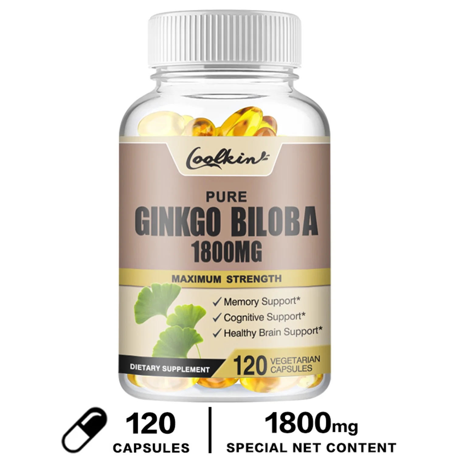 Coolkin Ginkgo Biloba Capsules 1800mg - Improve Memory,Enhance Cognitive Function 120pcs(1/3/5 Pack)