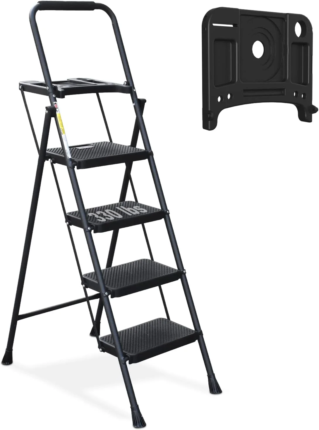 4 Step Ladder with Tool Tray, Folding Step Stool with Wide Non-Slip Pedal and Comfort Handgrip for Household and Office, Lightweight 330lbs Capacity Step Ladder, Black