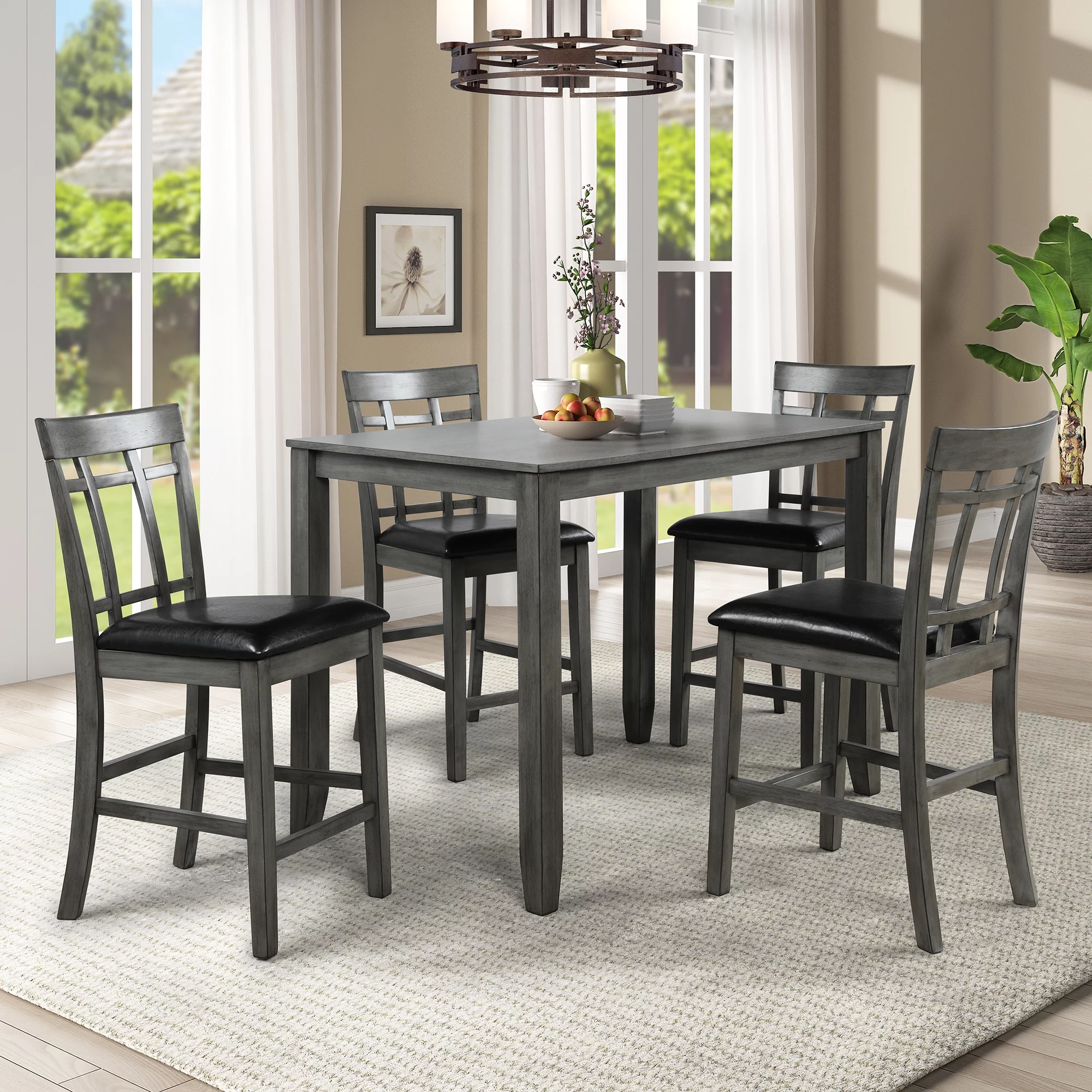 Churanty Farmhouse 5 Pieces Counter Height Rustic Dining Table Set for 4, Wooden Bar Table Set with 4 Padded Chairs, Antique Gray
