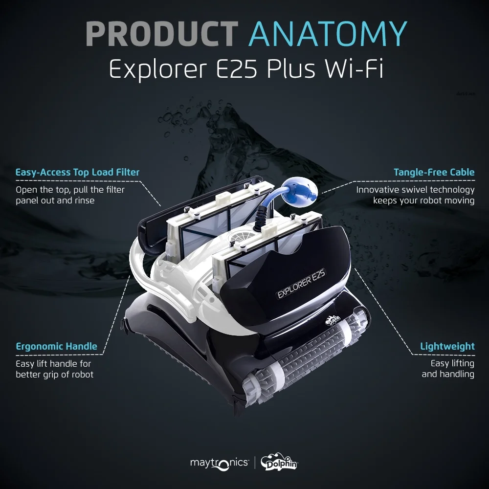 Dolphin Explorer E25 Wi-Fi Robotic Pool Vacuum Cleaner Pools up to 50 FT - Waterline Scrubber Brush