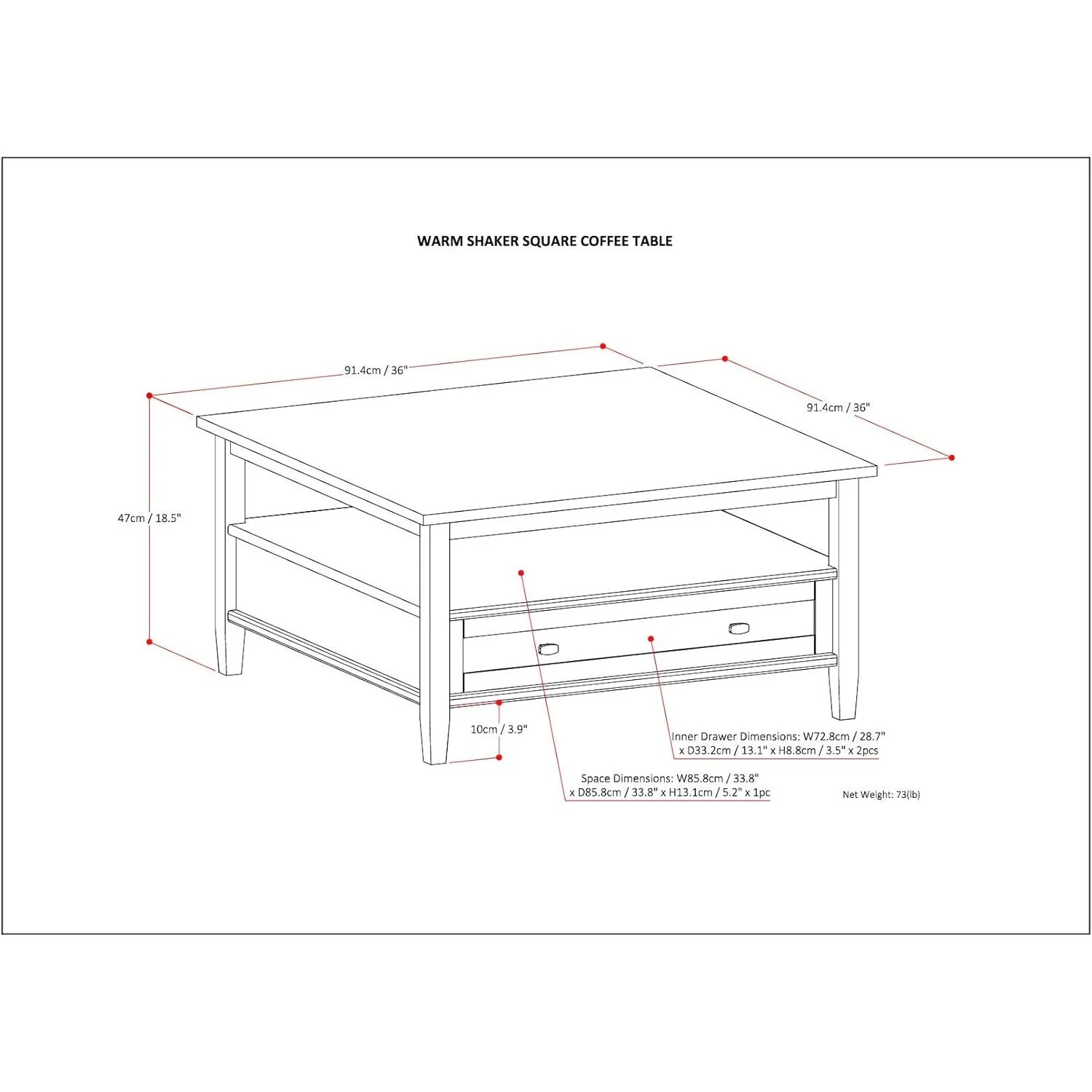 HomeStock Urban Oasis Solid Wood 36 Inch Wide Square Transitional Coffee Table In Tobacco Brown