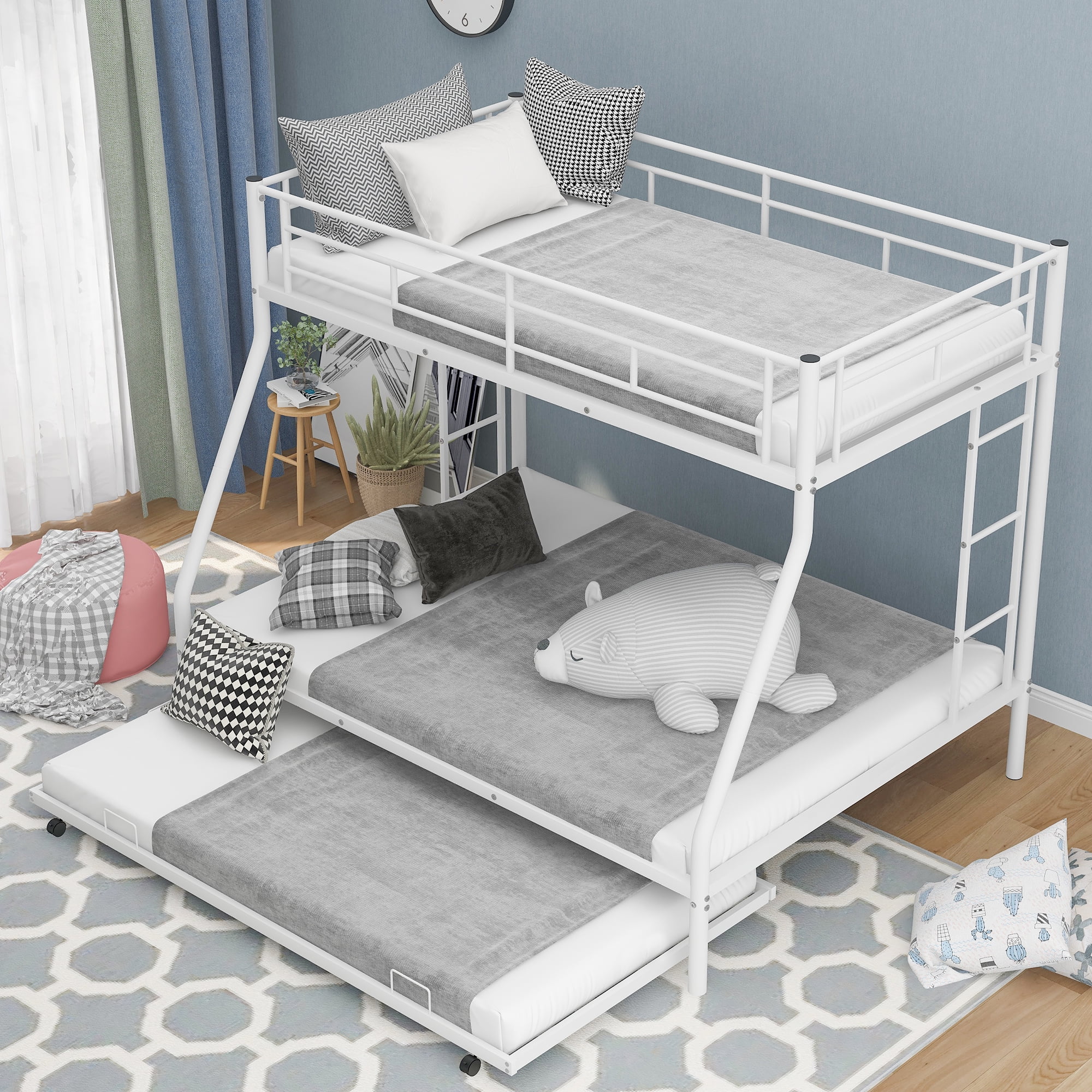 Twin-Over-Full Bunk Bed with Twin Size Trundle Modern Style Bed with Two-Side Ladders Classic Metal Bunk Bed for Bedroom, Dorm, Boys, Girls, Adults(White,Twin over Full)