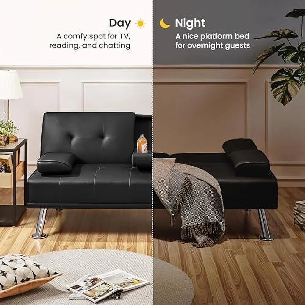 TJCGDTY Convertible Sofa Bed Adjustable Couch Sleeper Modern Faux Leather Home Recliner Reversible Loveseat Folding Daybed Guest Bed  Removable Armrests  Cup Holders  3 Angles  772lb Capa