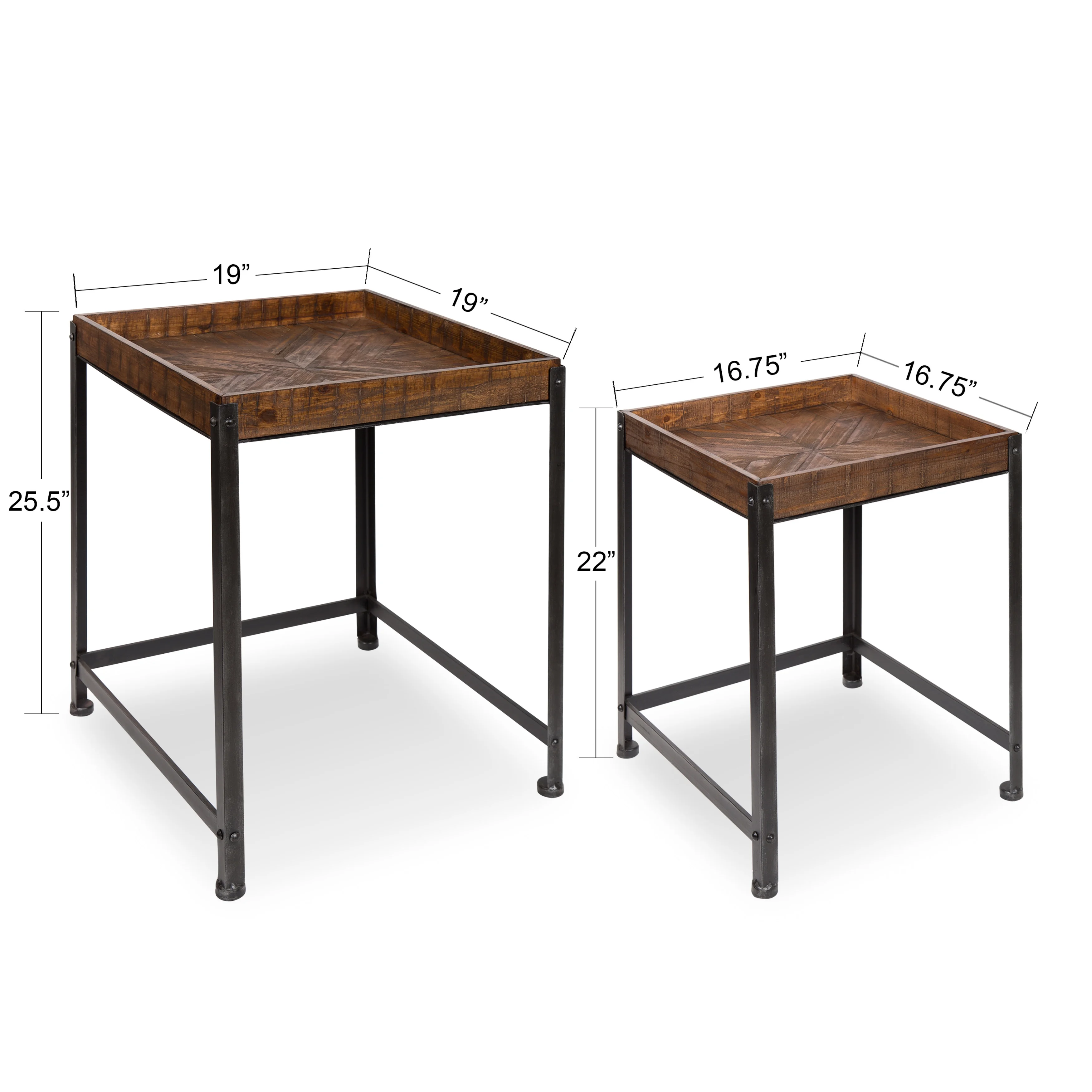 Kate and Laurel - Marsh 2-Piece Rustic-Modern Side Accent End Tables with Pieced Quilted Star Pattern Designed Wooden Tray Top and Distressed Black Metal Base