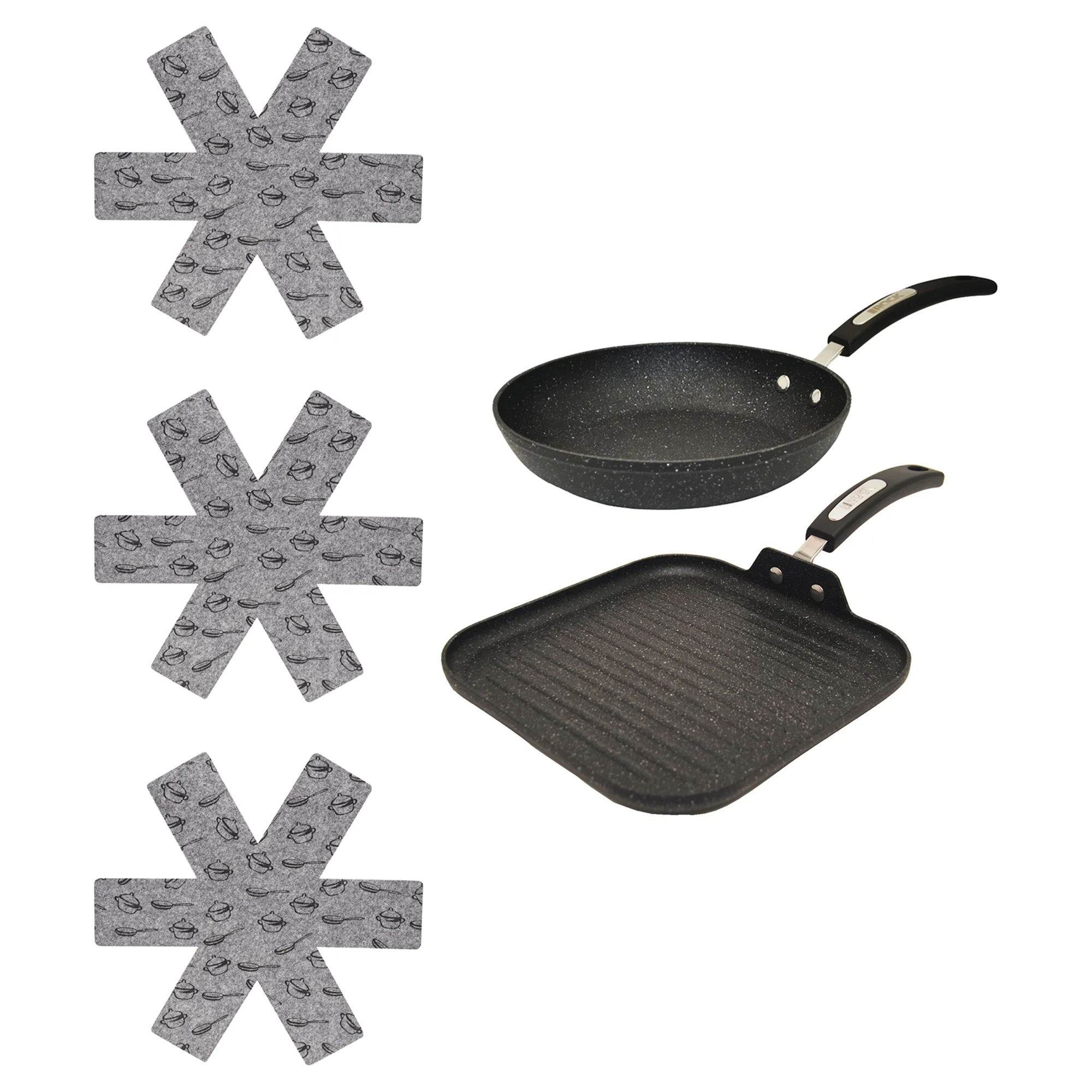 The Rock by Starfrit 10 inch Aluminum Pan, 11 inch Fry Pan and, Pot Protectors Kit