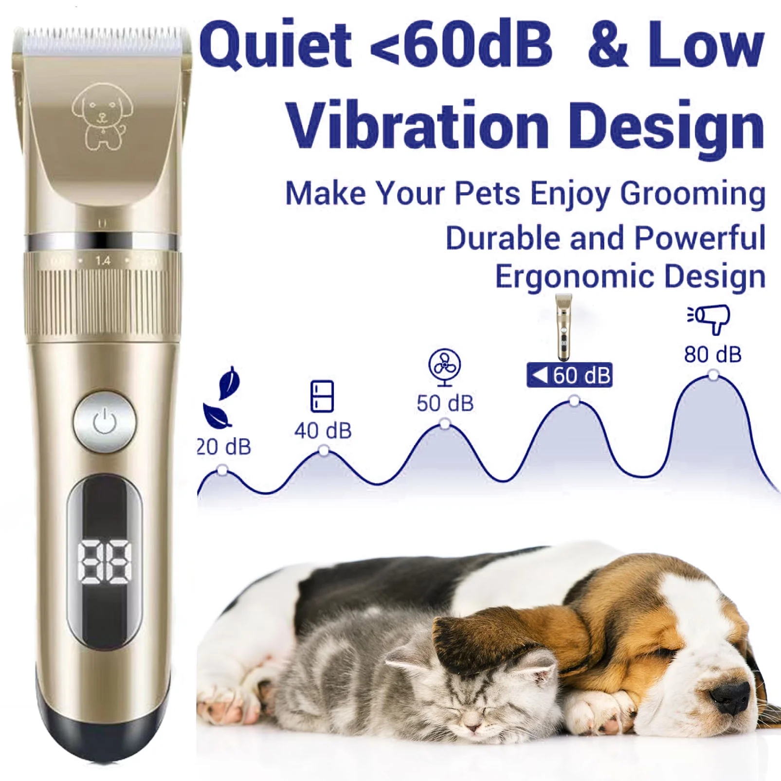 Dog Grooming Kit Clippers Low Noise Electric Quiet Rechargeable Cordless Suitable for Dogs, Cats, and Other Pets (Gold)
