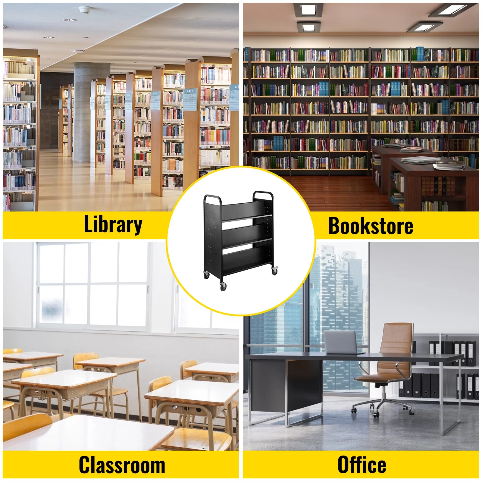 BENTISM Book Cart Library Cart 200lb w/ Double Sided W-Shaped Sloped Shelves Black