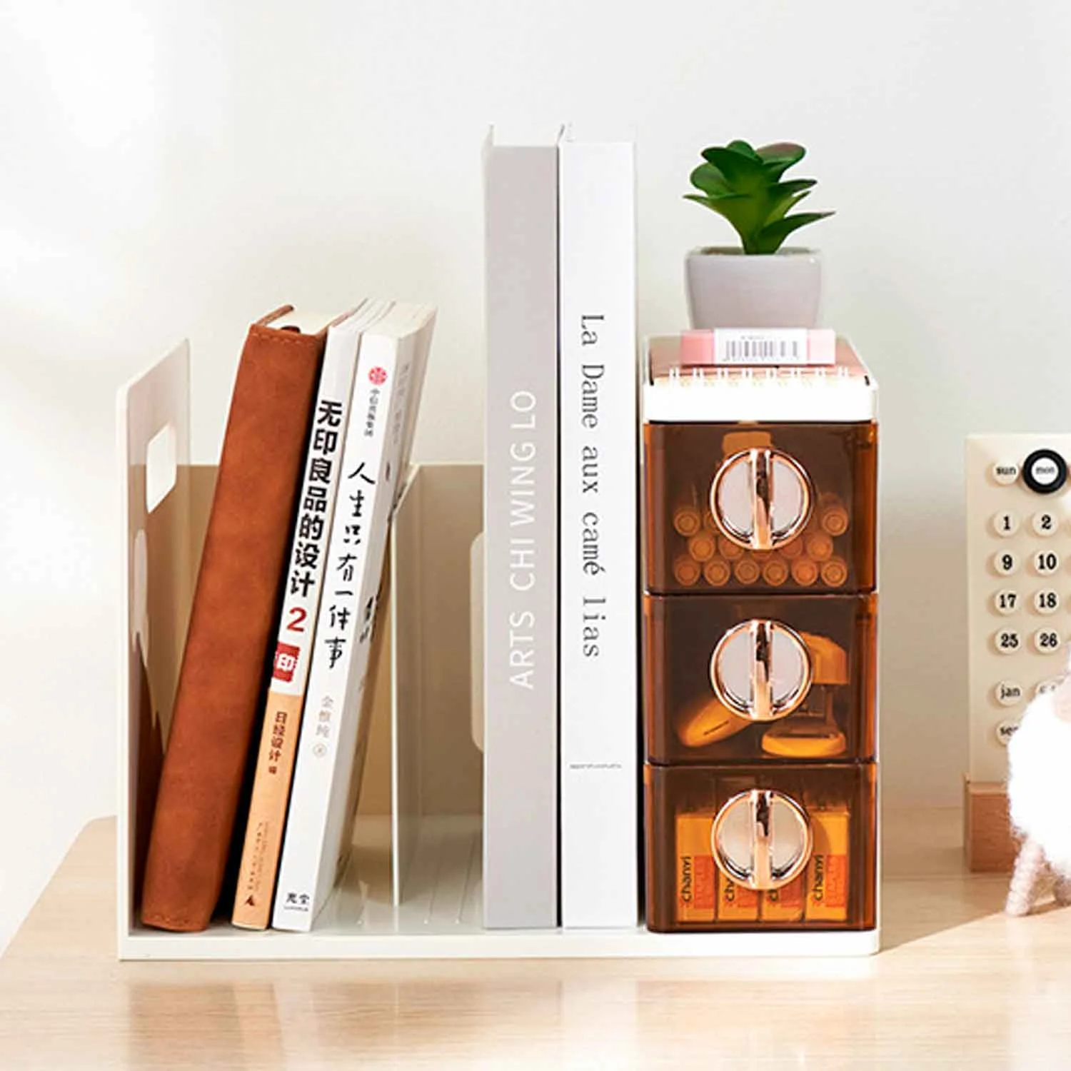 Desk Organizer with Standing Bookshelf, Multifunctional Office Supplies Organizer with 3 Drawers for Home Office School (Brown)