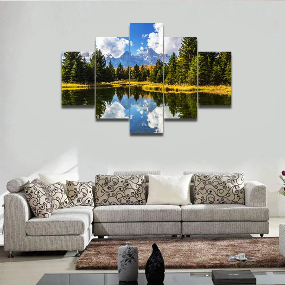 5 Piece Canvas Wall Art for Living Room - Landscape View of Lake and Mountain with Blue Sky, Cloud, Forest Range in Grand Teton National Park USA - Modern Home Decor Stretched and Framed Ready to Hang