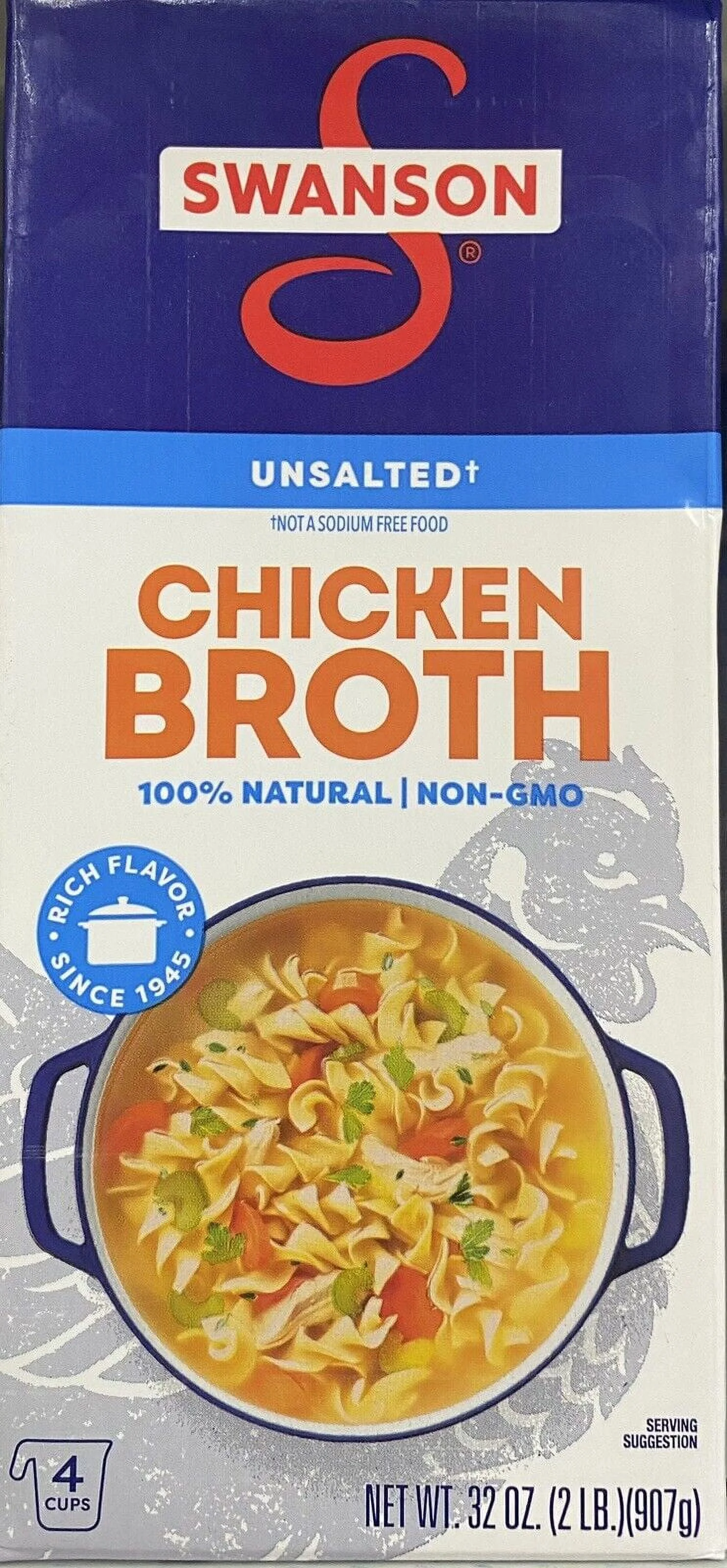 Chicken Broth 100% Natural UNSALTED GLUTEN FREE - 32 oz Carton 2 Lbs
