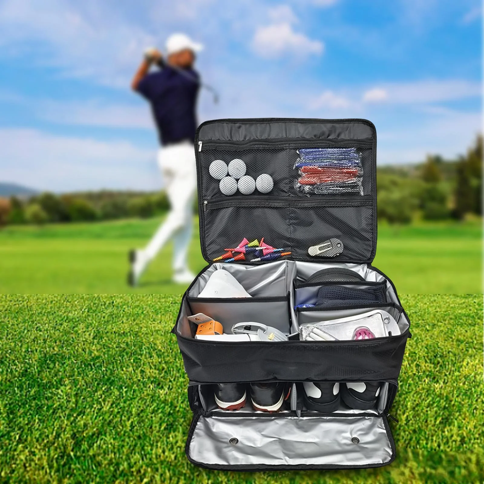 Golf Trunk Organizer Locker for Car Large Capacity 2 Layer Multipurpose Zipper Travel Bag Golf Storage Bag for Clothing, Balls,