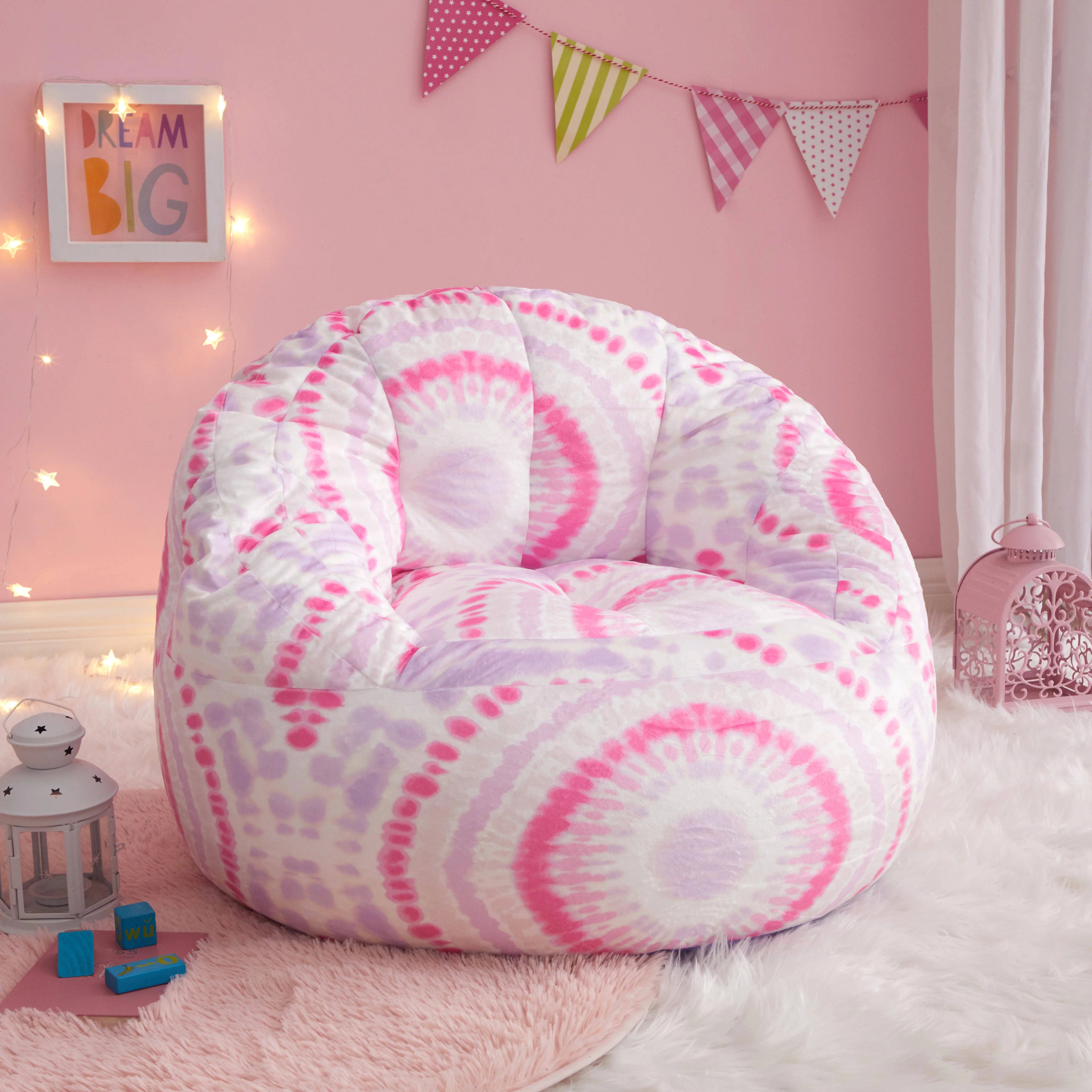 Justice Micromink Faux Fur Bean Bag Chair, Pink Tie Dye
