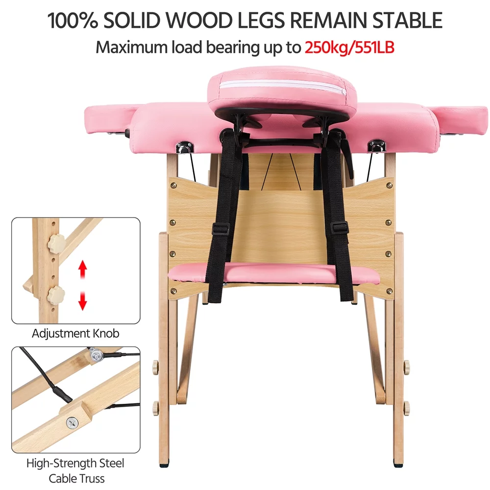 Easyfashion 2 Sectional Adjustable Folding Massage Table, Maximum Weight Capacity 220 lb,Pink