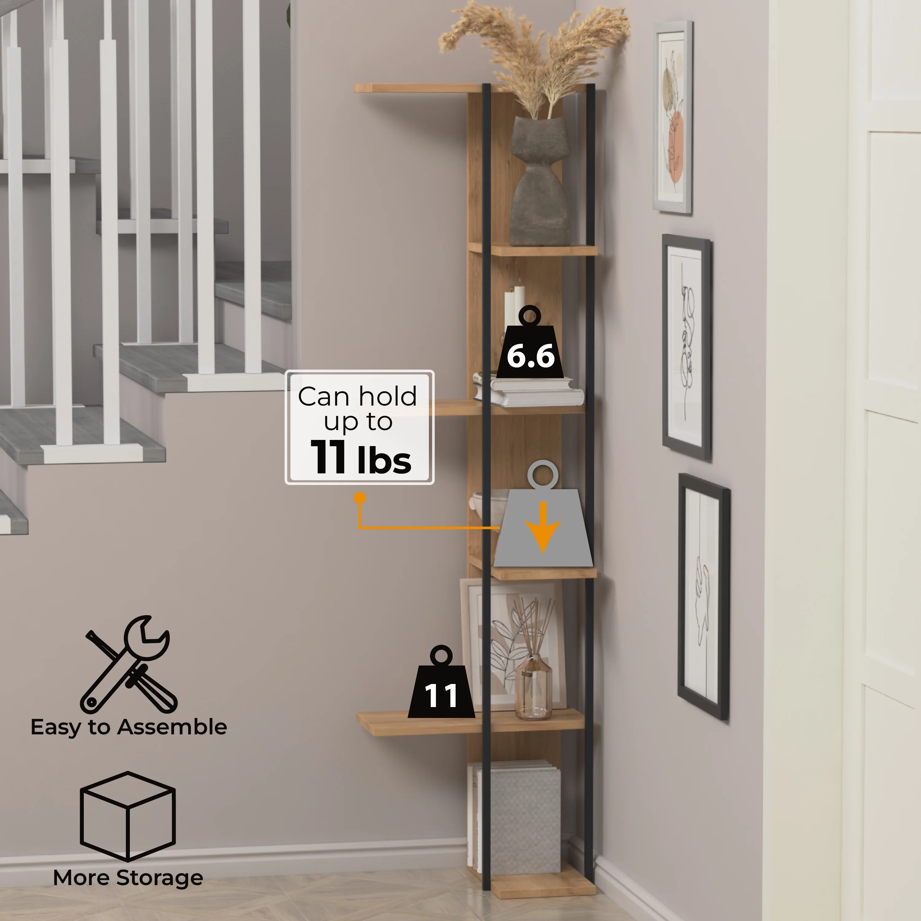 Feza Corner Bookcase, Tall Industrial Wood and Metal Frame 5 Tier Book Shelf, Storage Organizer for Bedroom Living Room and Home Office - Oak