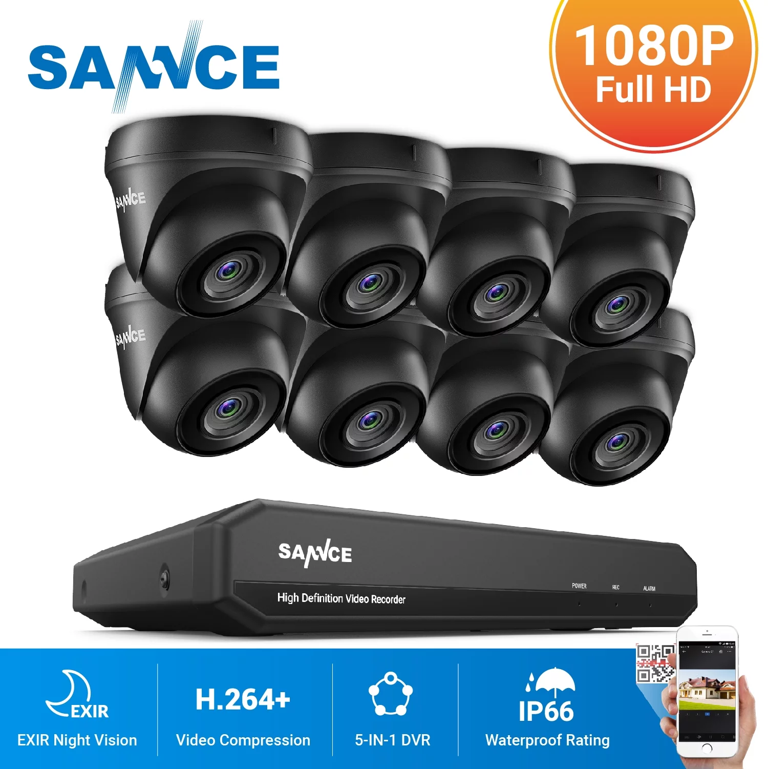 SANNCE 8Channel 1080p Surveillance Camera System 5-in-1 CCTV DVR Recorder with 8pcs Waterproof Wired Surveillance Cameras