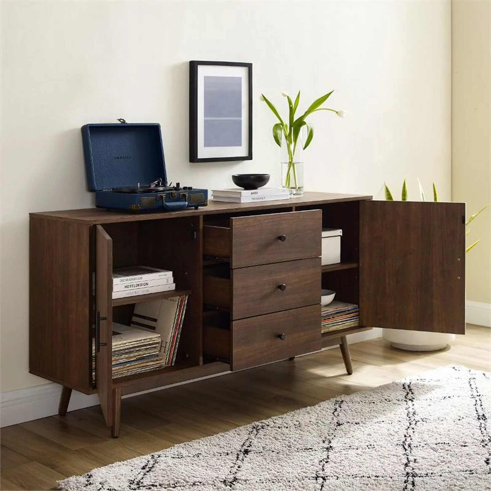 Pemberly Row 3-Drawer Mid-Century Wood Sideboard Buffet Cabinet in Brown
