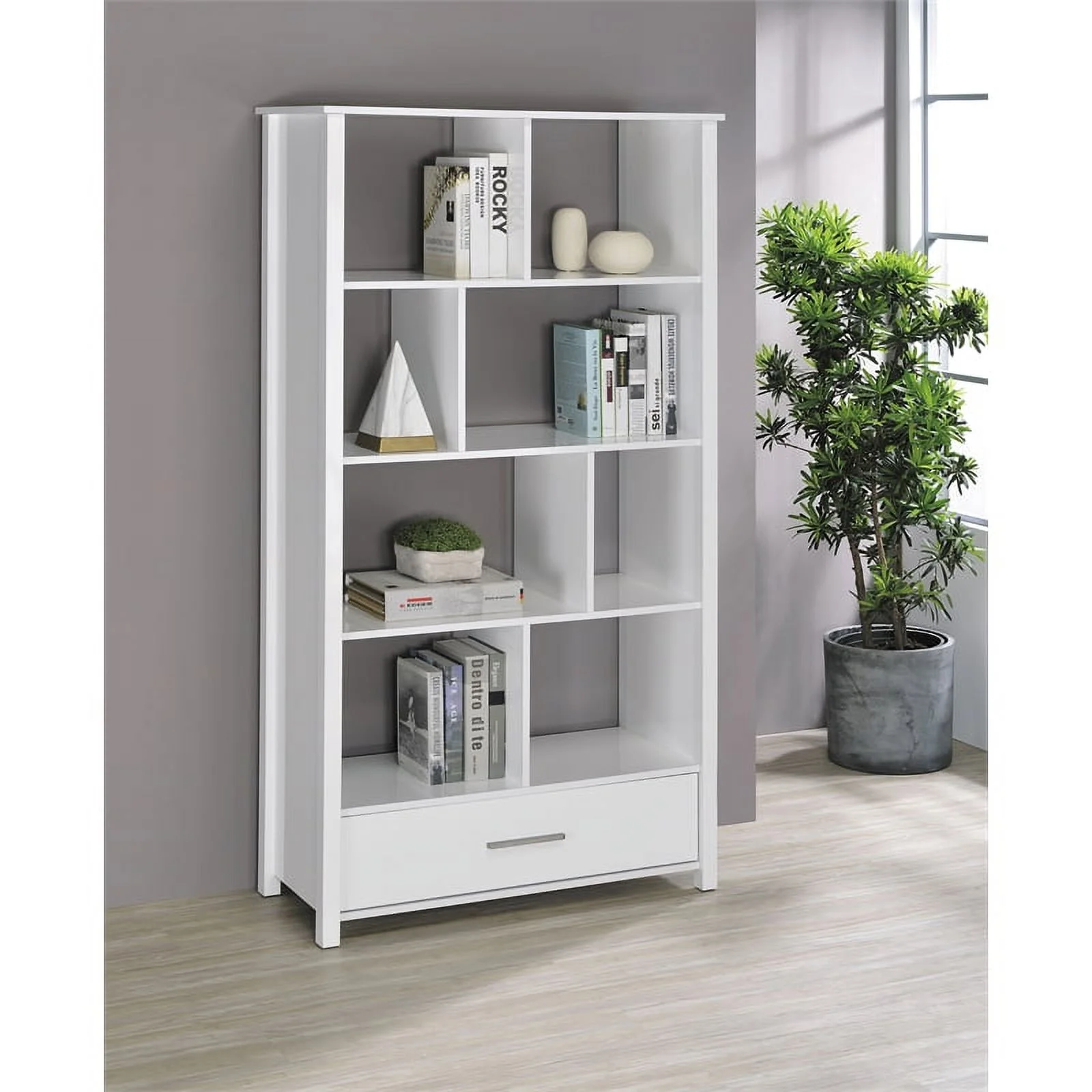 Pemberly Row 1-Drawer Contemporary Wood Bookcase with Open Back in White