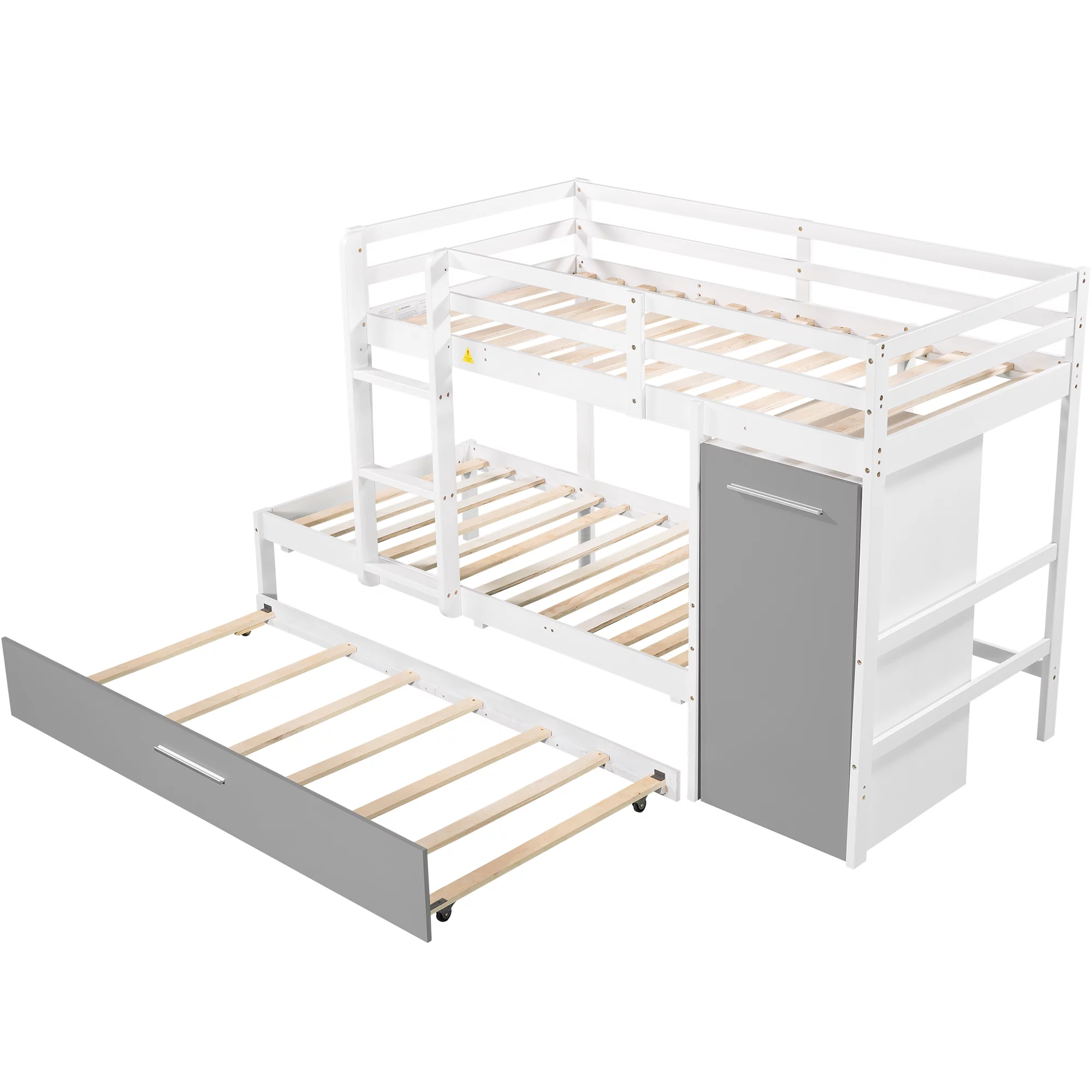Twin over Twin Bunk Bed with Cabinet and Trundle, White