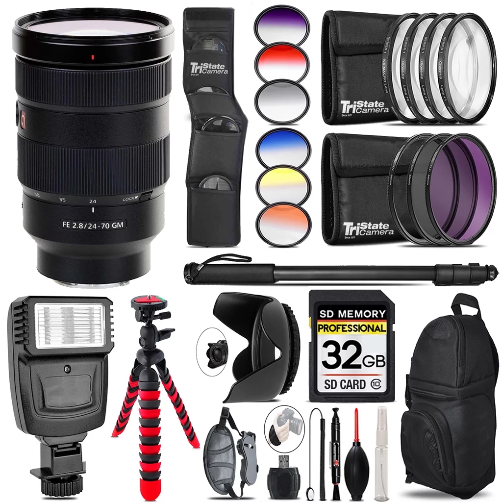 Sony FE 24-70mm f/2.8 GM Lens + Flash + Color Filter Set - 32GB Accessory Kit