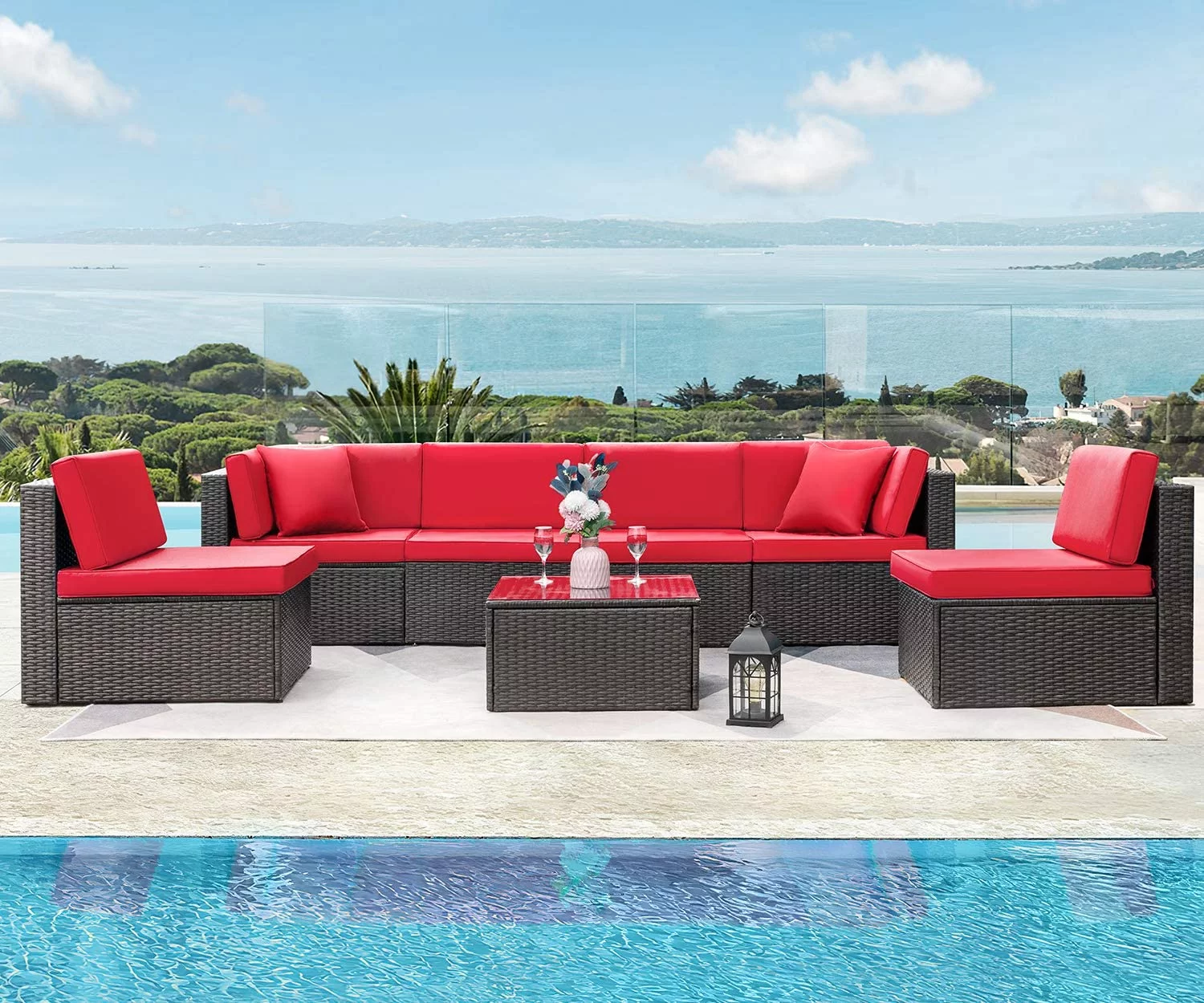 Devoko 7 Pieces Outdoor Sectional Sofa Patio Furniture Sets Manual Weaving Wicker Rattan Patio Conversation Sets with Cushion and Glass Table (Red)