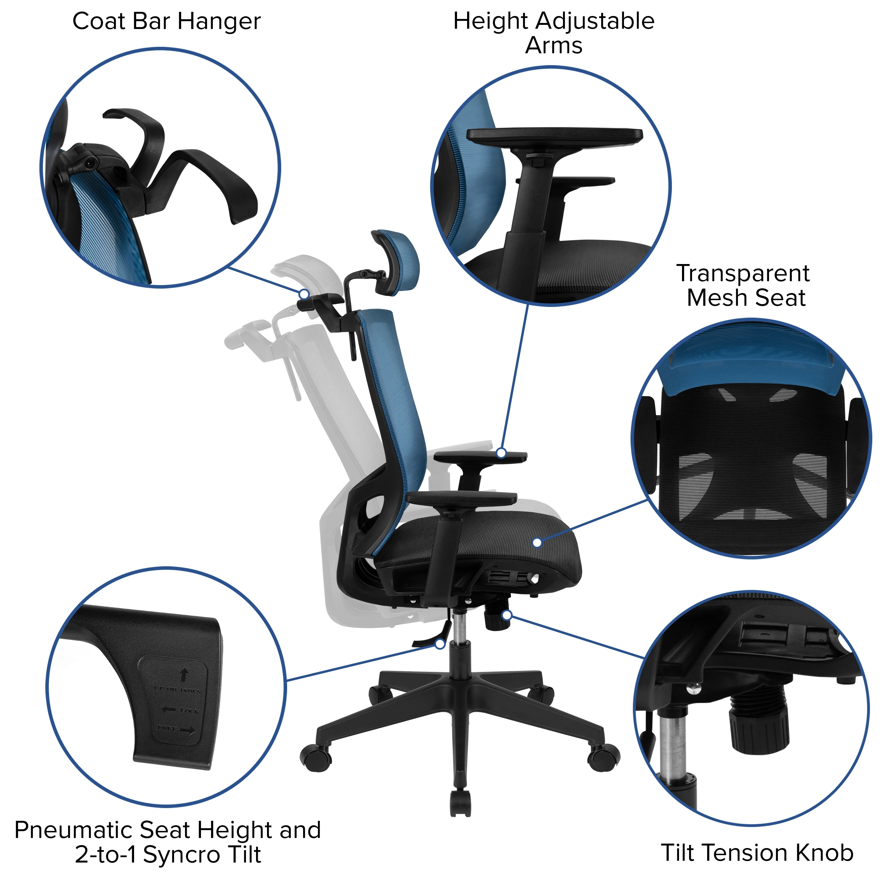 Emma + Oliver Ergonomic Blue/Black Mesh Office Chair-Synchro, Pivot Headrest, Adjustable Arms